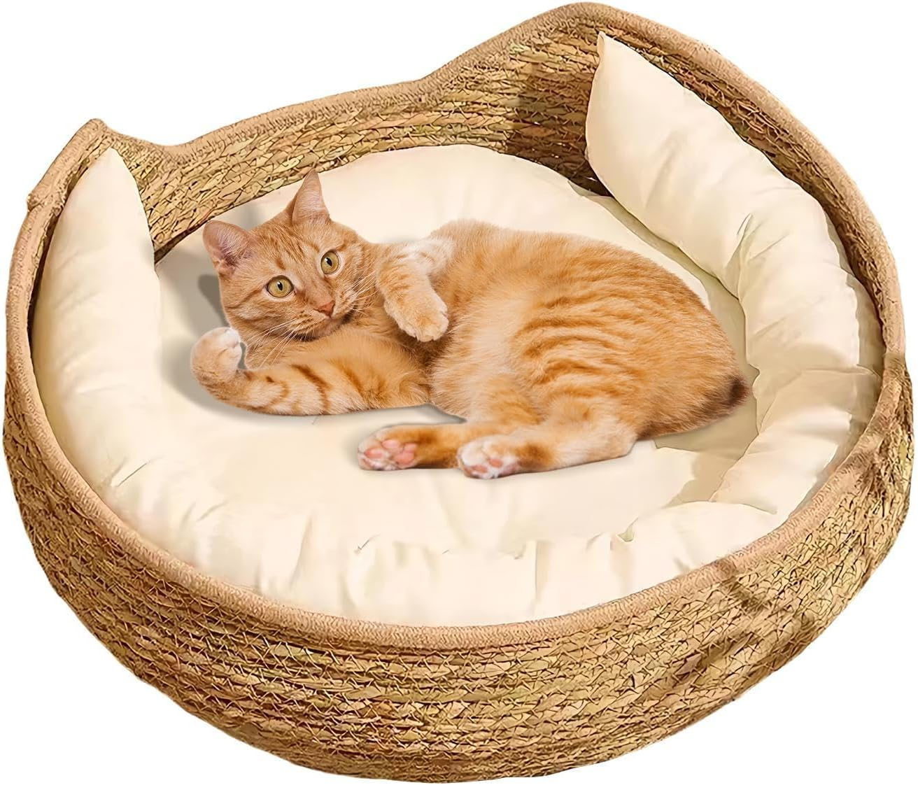 Cat Basket Bed - Woven Cat Bed Basket with Cushion and Pillow - All Season Weaving Pet Sleeping Resting Scratching Furniture for Puppy Dog Kitten image number 6