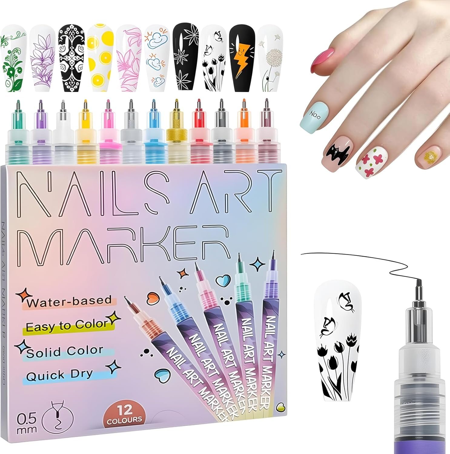 12 Colors Nail Art Pens Set, 2026 New Nail Art Markers Polish Pens for 3D Nail Art, Quickly Dry Nail Art Tools for Dotting Drawing Painting Point Liner DIY for Adults and Kids (1SET) image number 2
