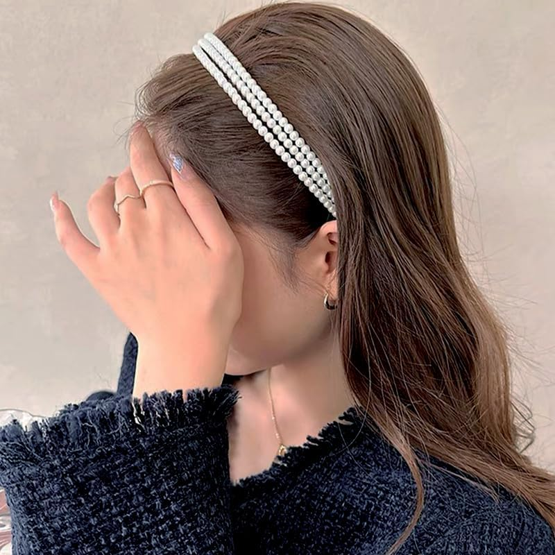 Thin Layered Pearl Headband for Girls Women Layered Hair Accessories Wedding Bridal Thin Headband White Pearl Hair Band Pearl Beaded Headband 3 Layer Hairband Skinny French Pearl Headbands image number 4