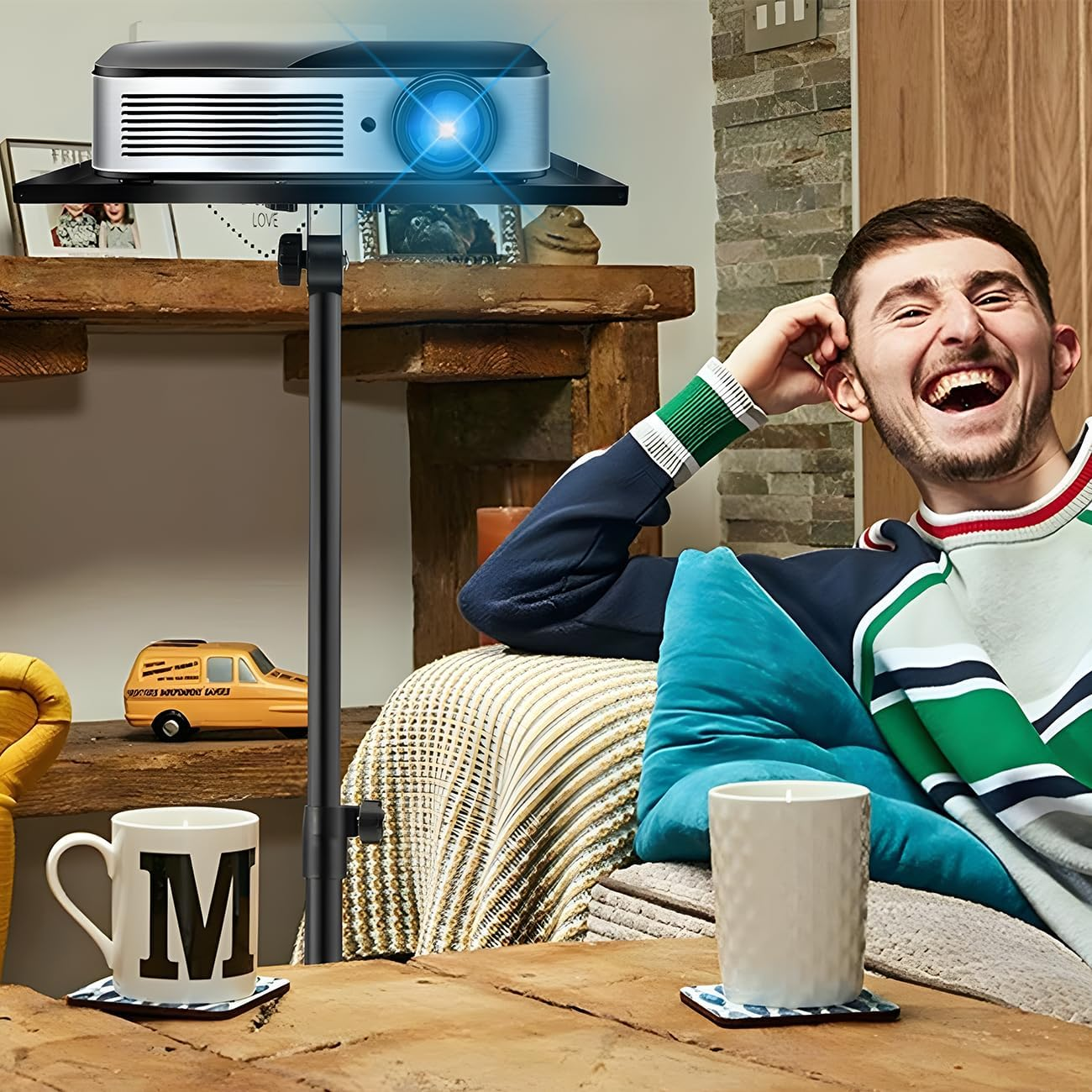 Projector Stand with Phone Holder, Adjustable 60-130CM Foldable Tripod Floor Stand for Projector/Laptop, Portable Home Theater & Office Studio Equipment for Movies, Stage, Outdoor Use