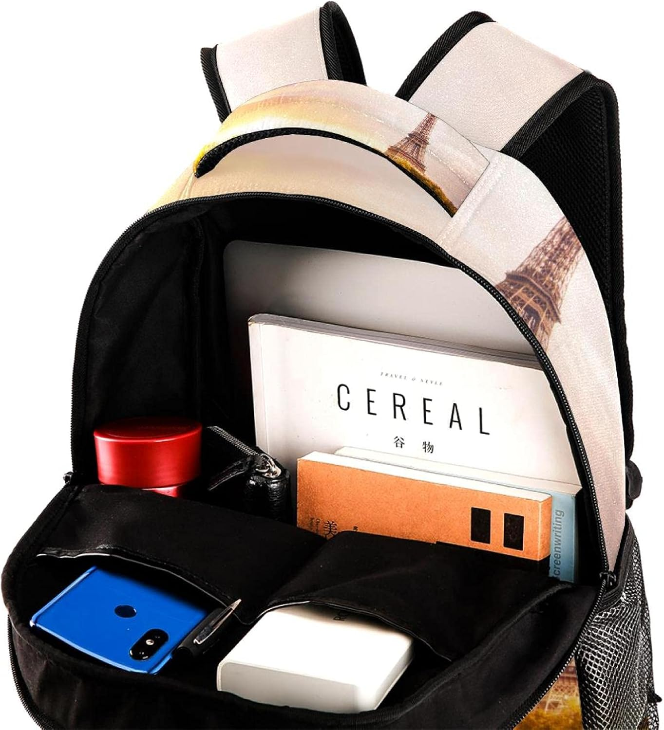 Eiffel Tower with Boats on Seine River in Paris Romantic Sunset Background Backpack Students Shoulder Bags Travel Bag College School Tote Backpacks image number 3