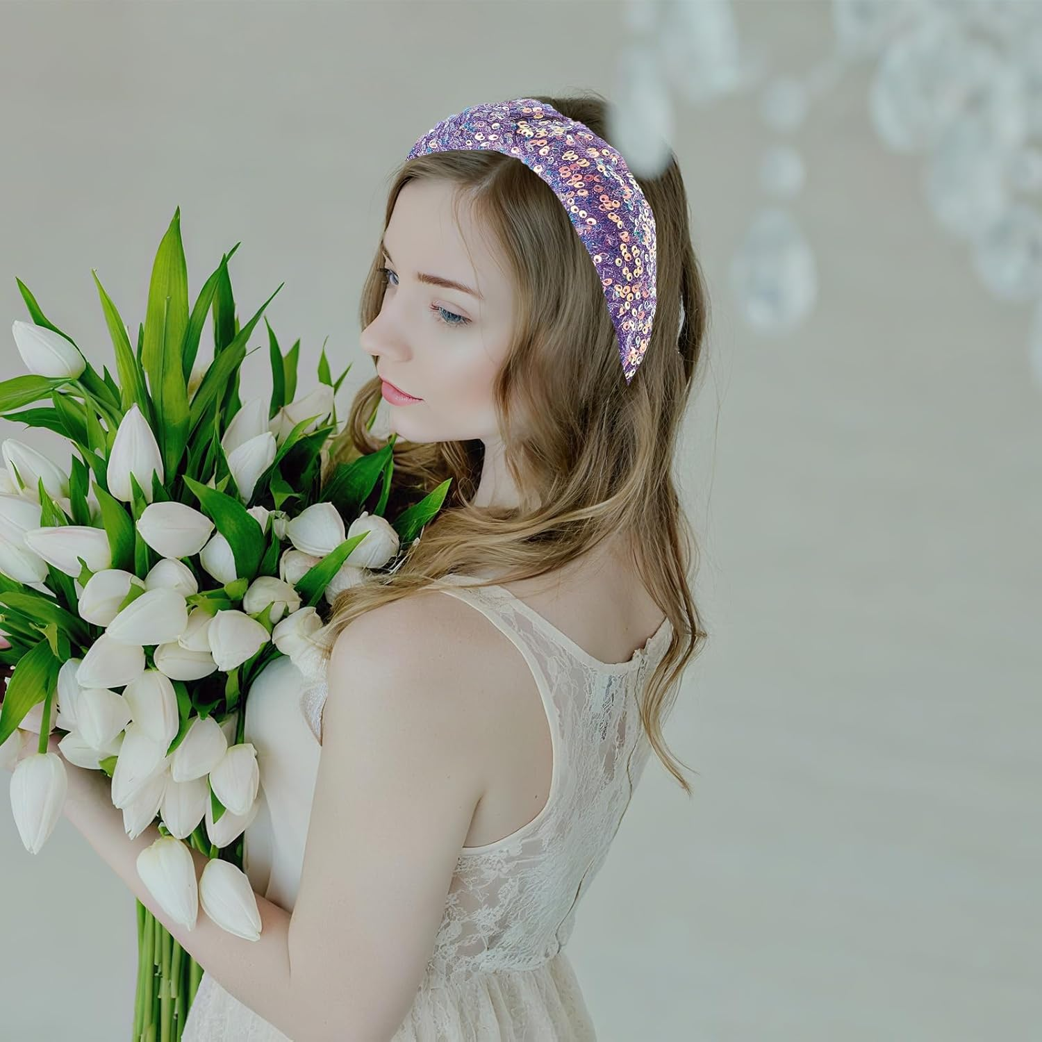 NICENEEDED Pack of 2 Sequin Headband with Knot for Women Sparkling Knotted Wide Hair Bands Glittering Fashionable Iridescent Headbands Hair Accessories for Parties image number 5