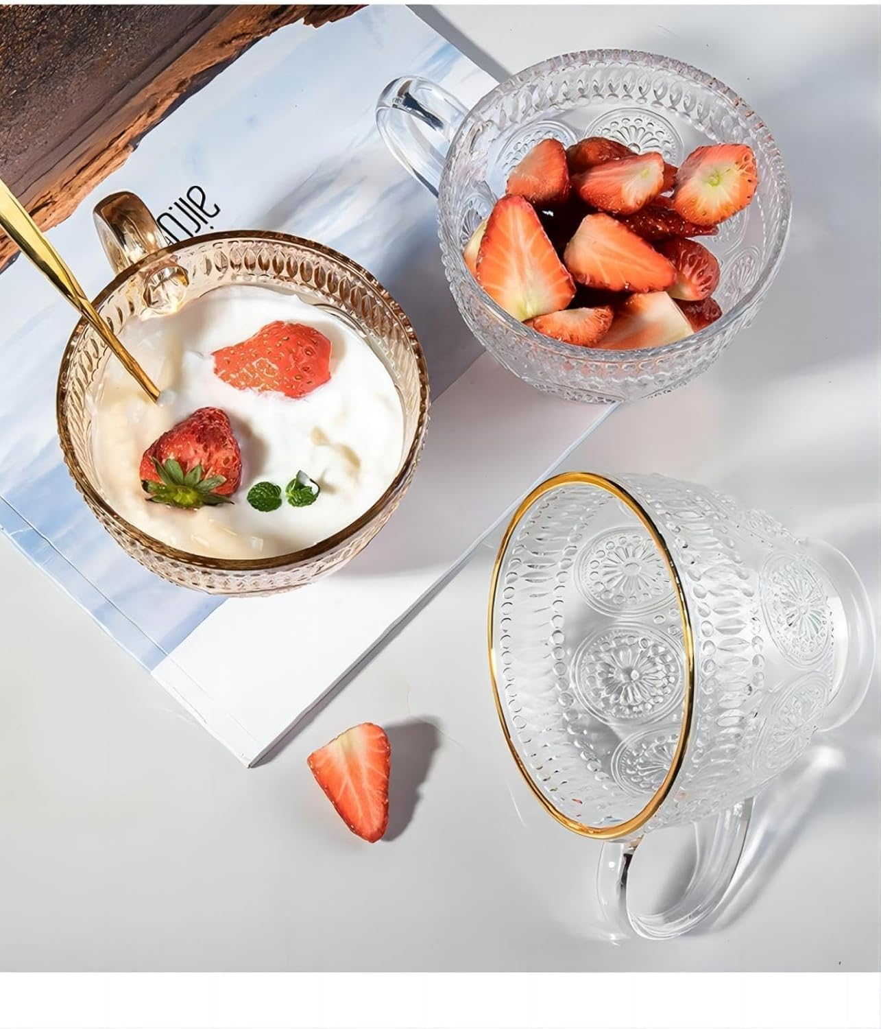 Blissora Large Embossed Tea Cup, Valentines Ribbed Coffee Mug Sets Pack of 2/4/6 for Cereal Cappuccino Dessert, Crystal Friend Mum Gift (Gold Rim, 4 Pack)