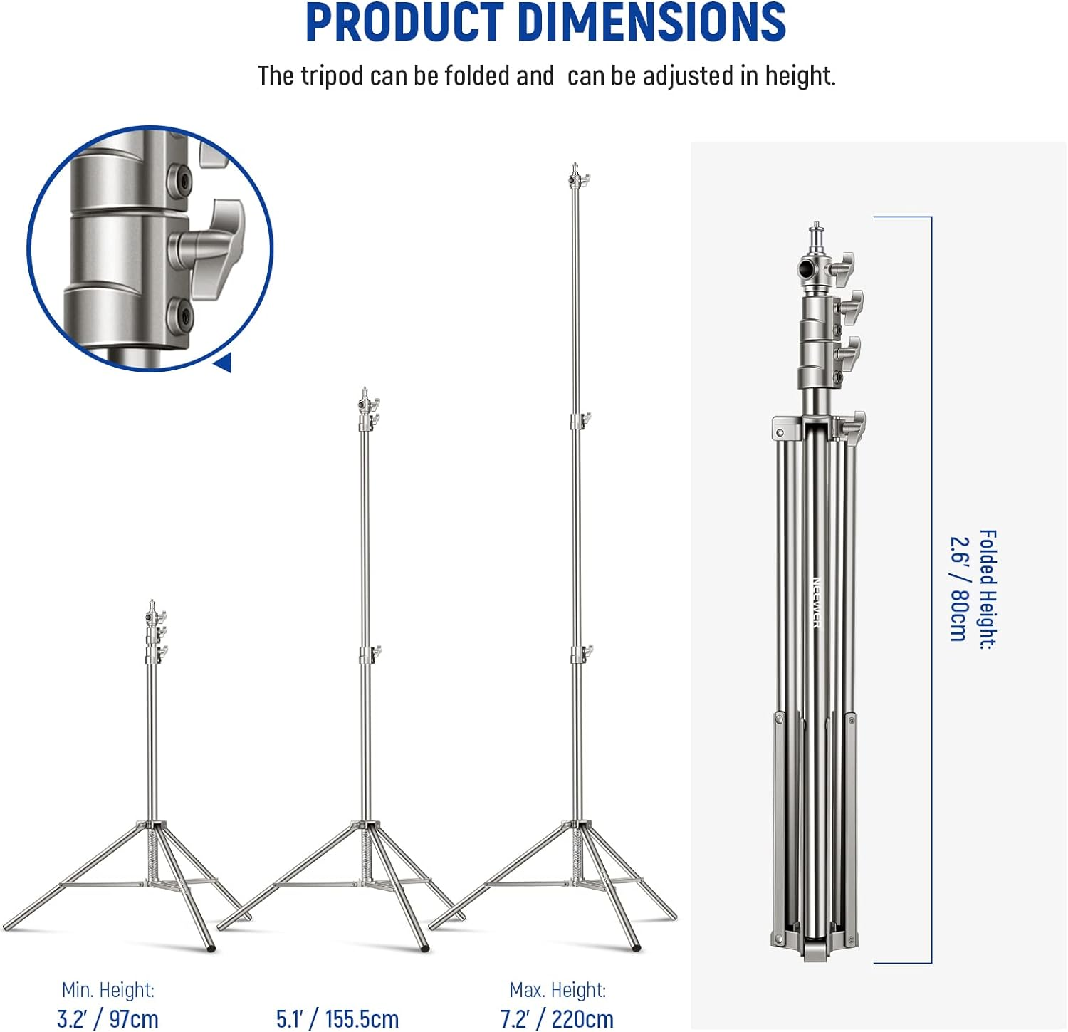 NEEWER 7.2Ft/2.2M Stainless Steel Light Stand, Spring Cushioned Heavy Duty Photography Tripod Stand with 1/4&rdquo; to 3/8&rdquo; Universal Screw Adapter for Strobe,Led Video Light,Ring Light, Monolight, Softbox image number 2