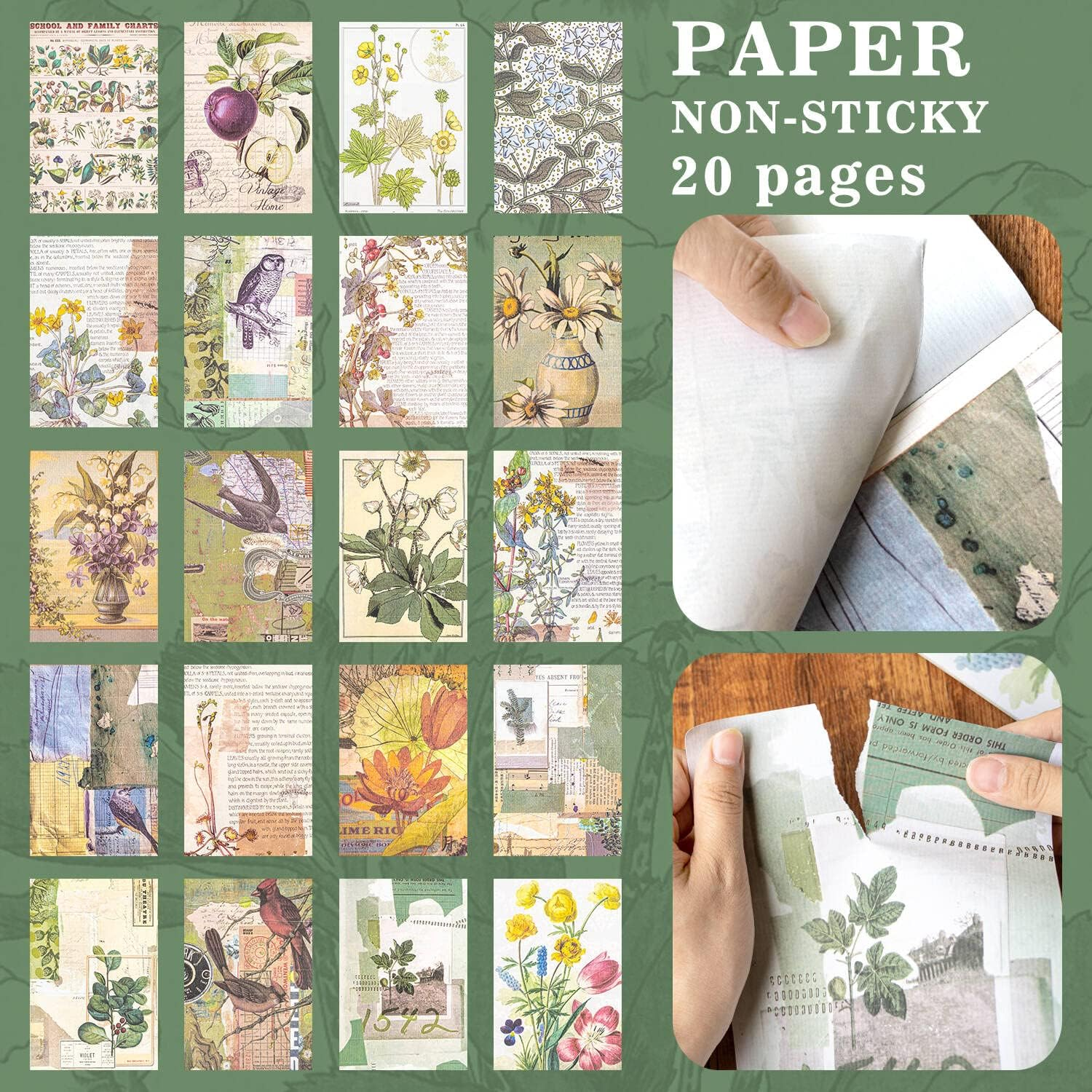 50 Pages Vintage Scrapbook Sticker and Scrapbook Paper Decorative Washi Sticker Retro Decoupage Paper Sticker Book for Adults Scrapbook Supply for Journaling Card Making Handicraft Collage (Lime) image number 2