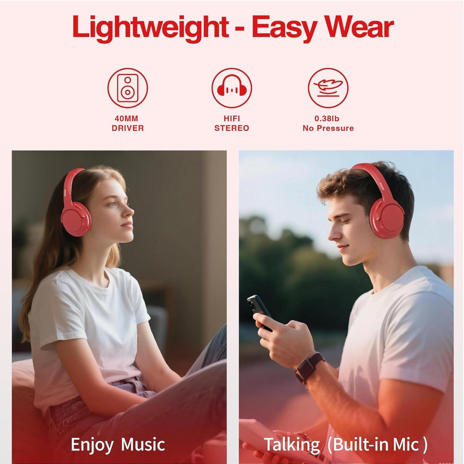 MIDOLA Bluetooth Headphones over Ear 68H Playtime 6 EQ Wireless Headset with Microphone Hifi Stereo Foldable Lightweight Deep Bass for Travel Home Office Cellphone Red - Cyan image number 4