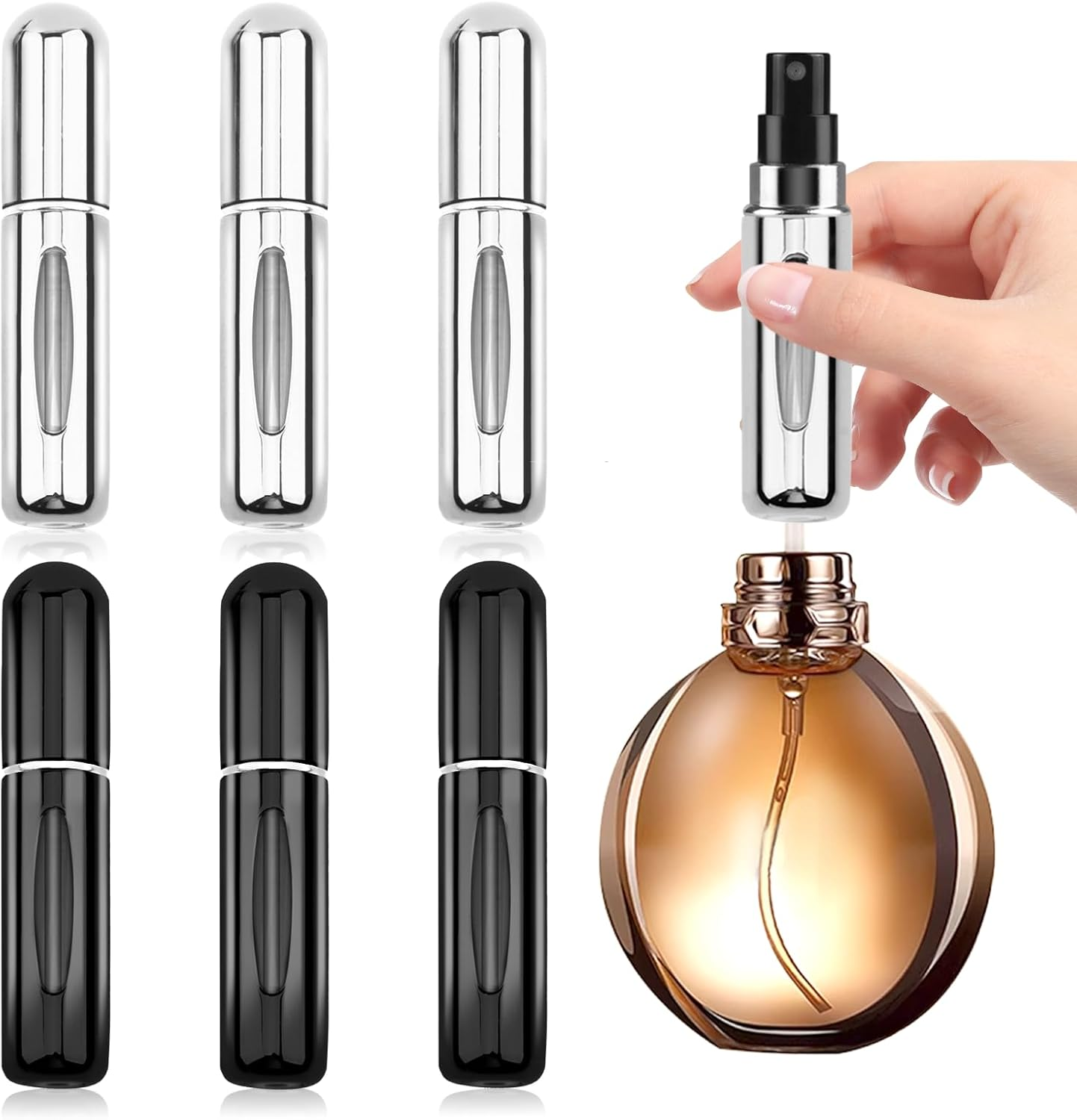 6 Pcs Perfume Bottle Travel Refillable, 5Ml Mini Atomizer, Portable Spray Pump Case, Compact Lightweight for Daily Use (Black & Sliver) image number 5