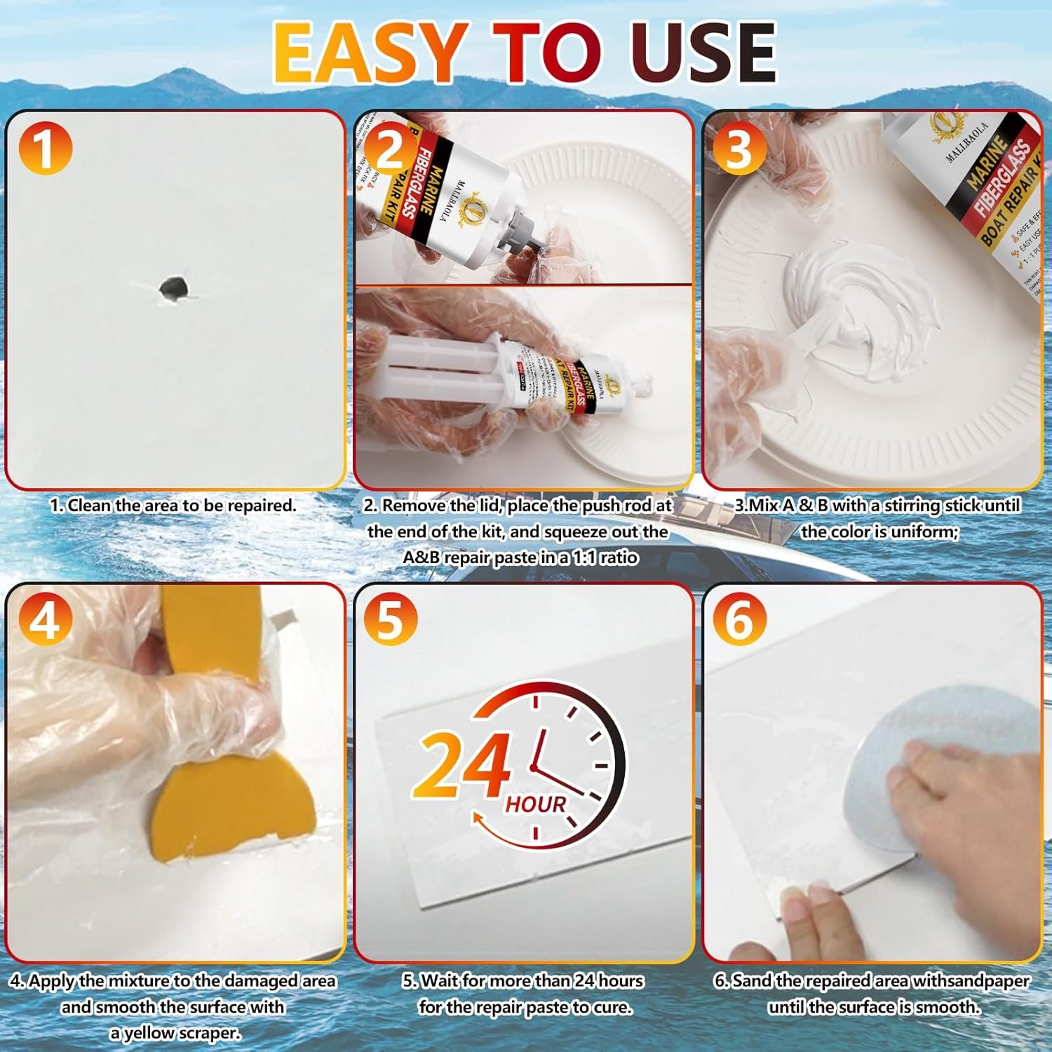 Marine Fiberglass Repair Kit for Boats, Gel Coat Repair Kit for Boats, Epoxy Filler for Fiberglass Boats Fix Holes, Chips and Deep Cracks, Gelcoat Repair Kit for Fiberglass, Acrylic, Porcelain(White) image number 4