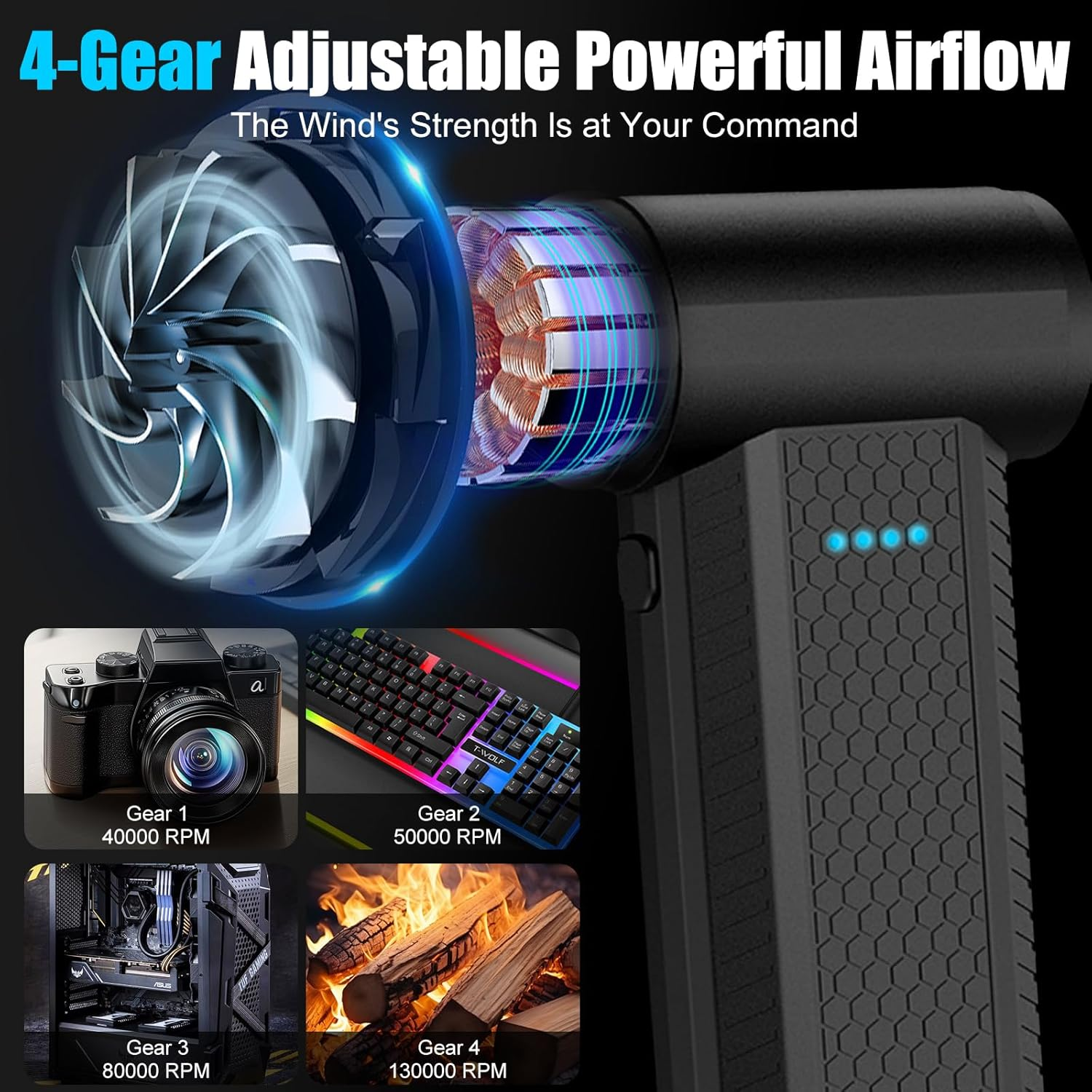 B-Qtech Compressed Air Duster, 130000RPM Air Blower with 4 Gear Adjustable, Electric Air Duster with Brushless Motor for Keyboard, Computer, Car and Home Cleaning image number 5