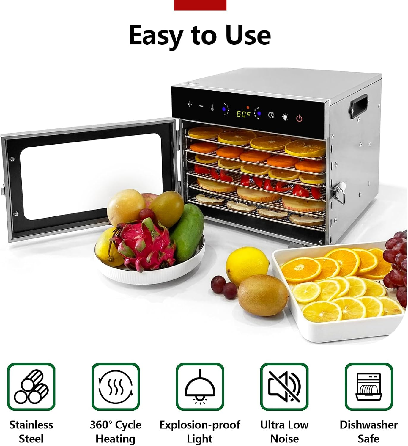 Stainless Steel Food Dehydrator, Oiyocemo 6 Tray Fruit Dryer Machine with Free Recipe Book, Bpa-Free, 30~90℃ Temperature Setting, Max 24H, Dehydrator Food Dryer for Vegetables, Meats, Chili image number 5