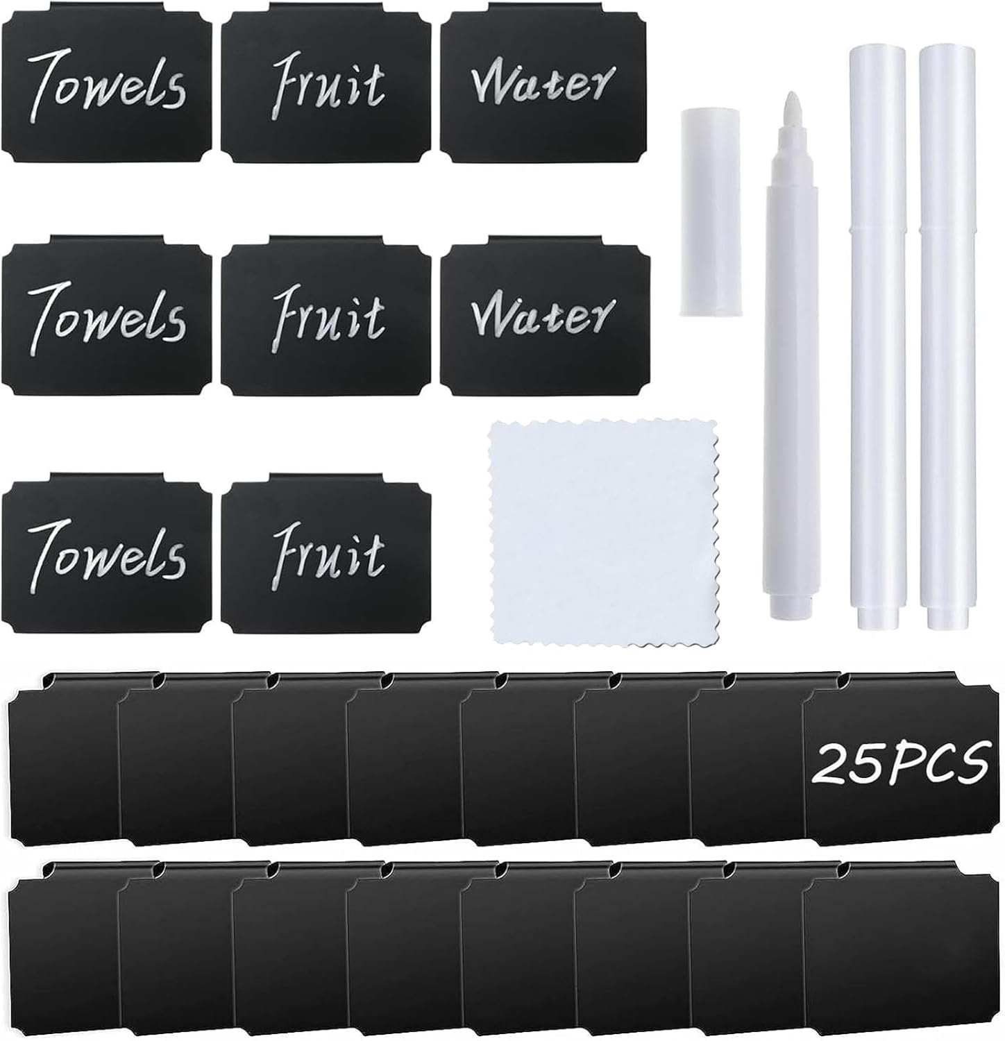 25 Pack Basket Labels, 3 White Pen, 1 Piece of Cleaning Cloth. Small Chalkboard Labels Clip for Store Shelf Storage Box Pantry Labels（Black） image number 6