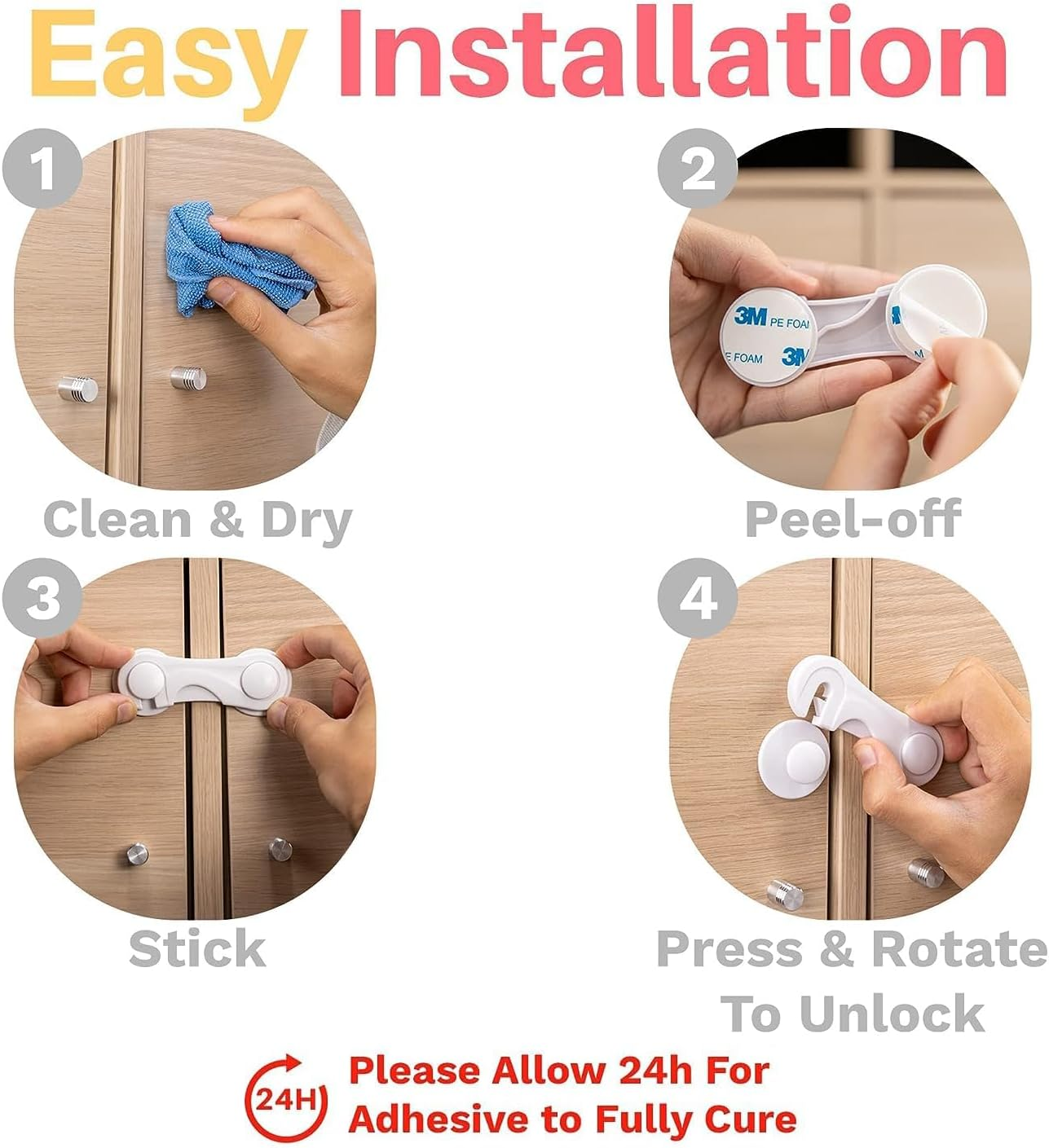 6-Pcs Cabinet Locks for Baby Safety &ndash; Childproof Latches with Adhesive for Drawers, Cupboards, Fridge & Pantry Doors | Easy Install, No Drilling, Baby Proofing for Toddlers & Infants​ image number 3