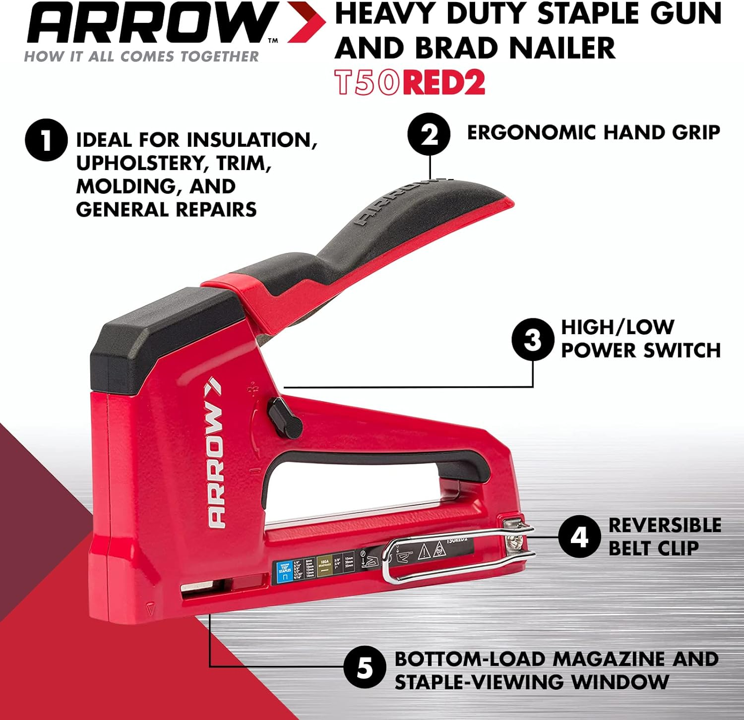 Arrow T50RED2 Heavy Duty Manual 2-In-1 Staple Gun and Brad Nailer for Upholstery, Framing, Insulation, Crafts, and Furniture, Red