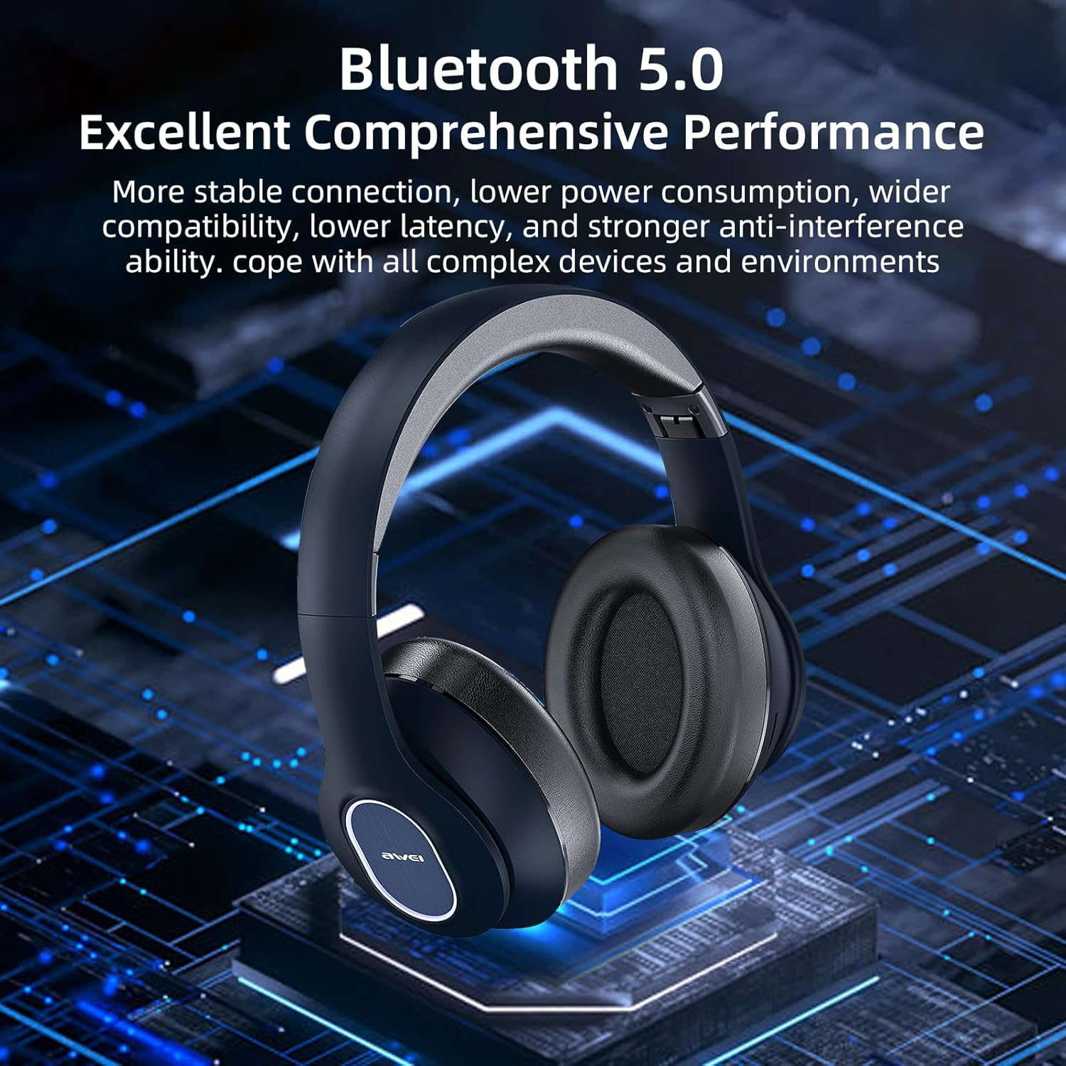 AWEI A100BL over the Head Wireless Headphones, Wireless Bluetooth Headphones, 7-12H Playtime Hi-Res Audio Memory Foam Ear Cups for Travel Home Office Cellphone PC image number 6