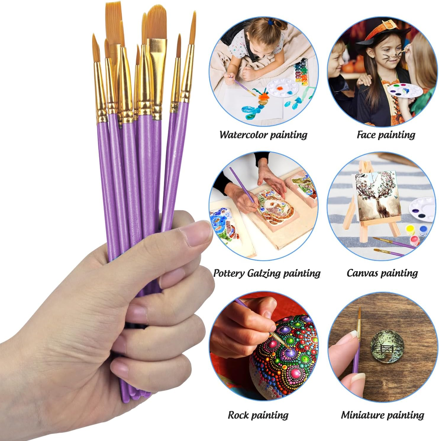 Paint Brushes Palettes Set by DUGATO, 2 Packs/20Pcs round Pointed Tip Nylon Hair Brushes with 5 Paint Trays for Acrylic Watercolor Oil Gouache Tempera and Body Painting (Purple) - Purple image number 2