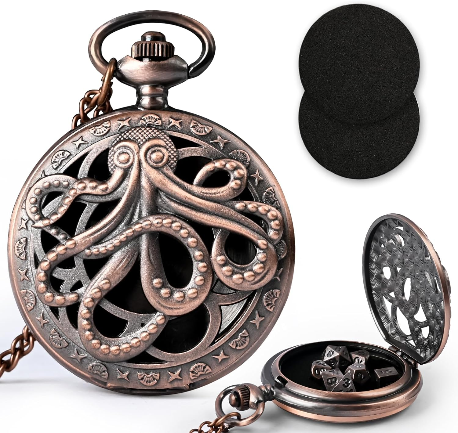 Mini DND Dice Set with Pocket Watch Shell, 7PCS Polyhedral Metal Dice Set Perfect for Dungeons and Dragons Gifts, MTG, Role Playing Board Games Accessory (Zy01-Black)