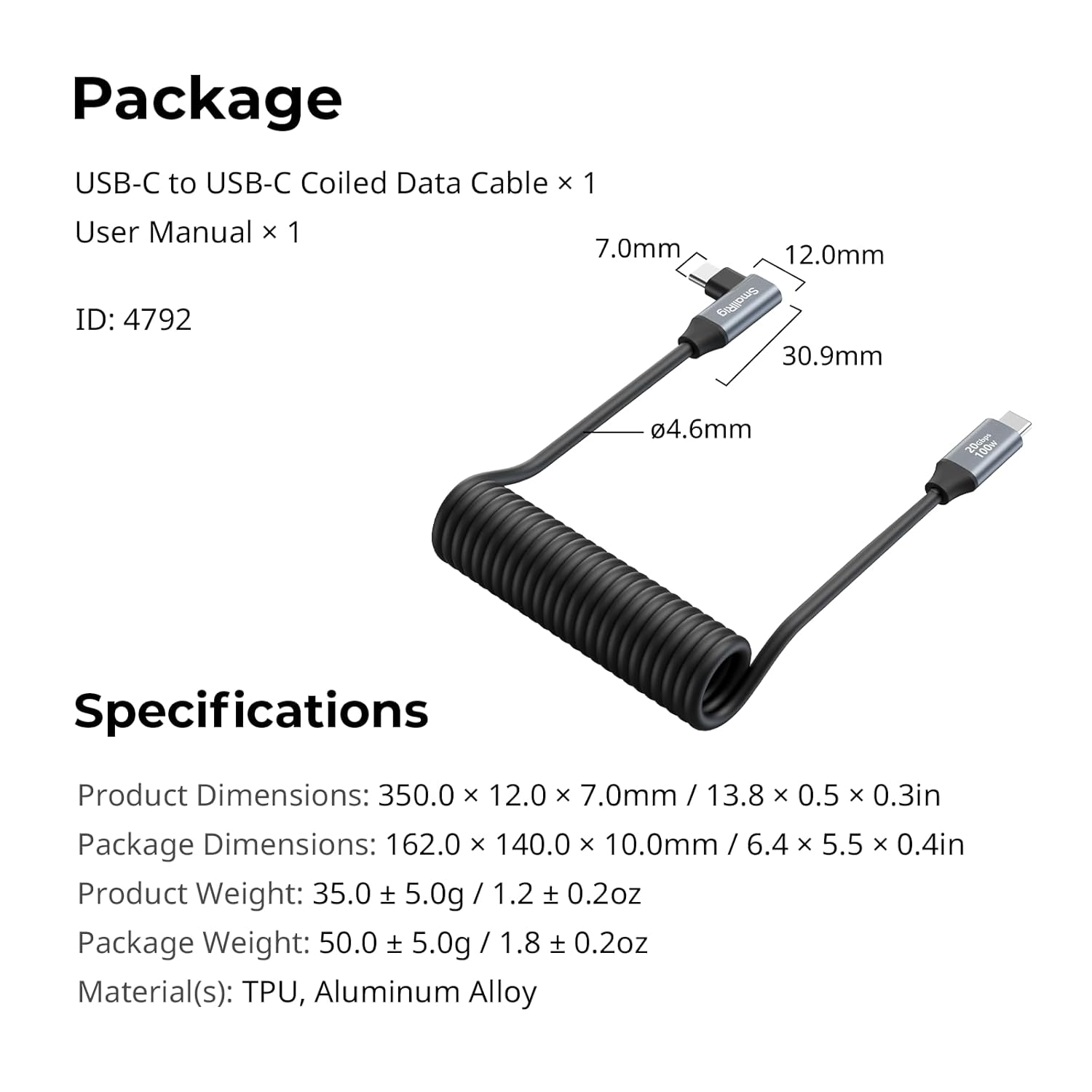 SMALLRIG USB C to USB C Coiled Data Cable (Straight to Angled), 90 Degree USB C Cable 20Gbps High Speed Data Transfer, Support PD 100W Fast Charging, for Iphone, Laptops and Cameras Etc. - 4792 image number 3