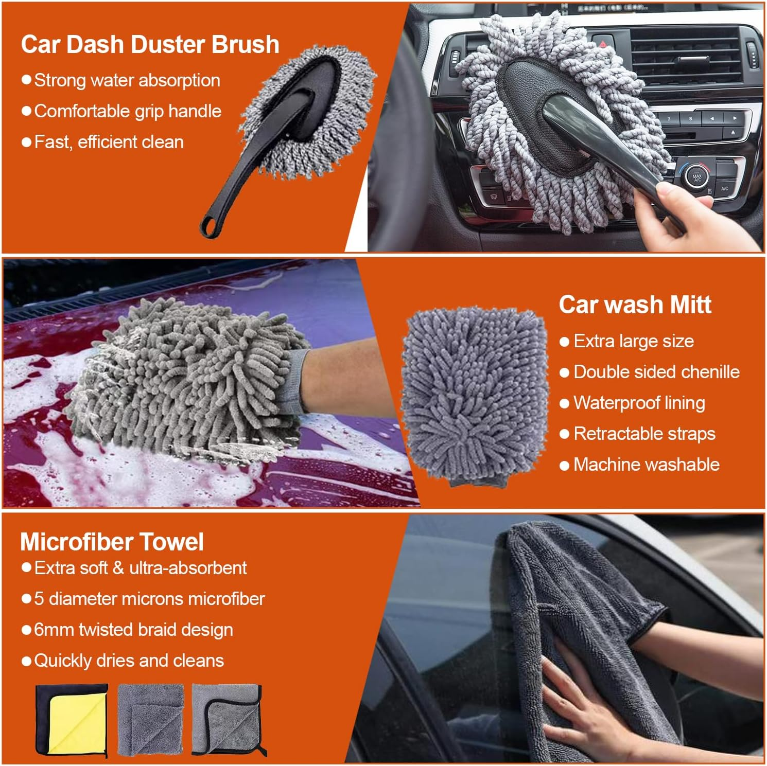 10 PCS Car Wash Tool Cleaning Kit with Storage Bag - Microfiber Mitts, Drying Towel, Waffle Cloths, Alloy Wheel Brush, 2 Detail Brushes, Valeting Essentials, Set image number 4