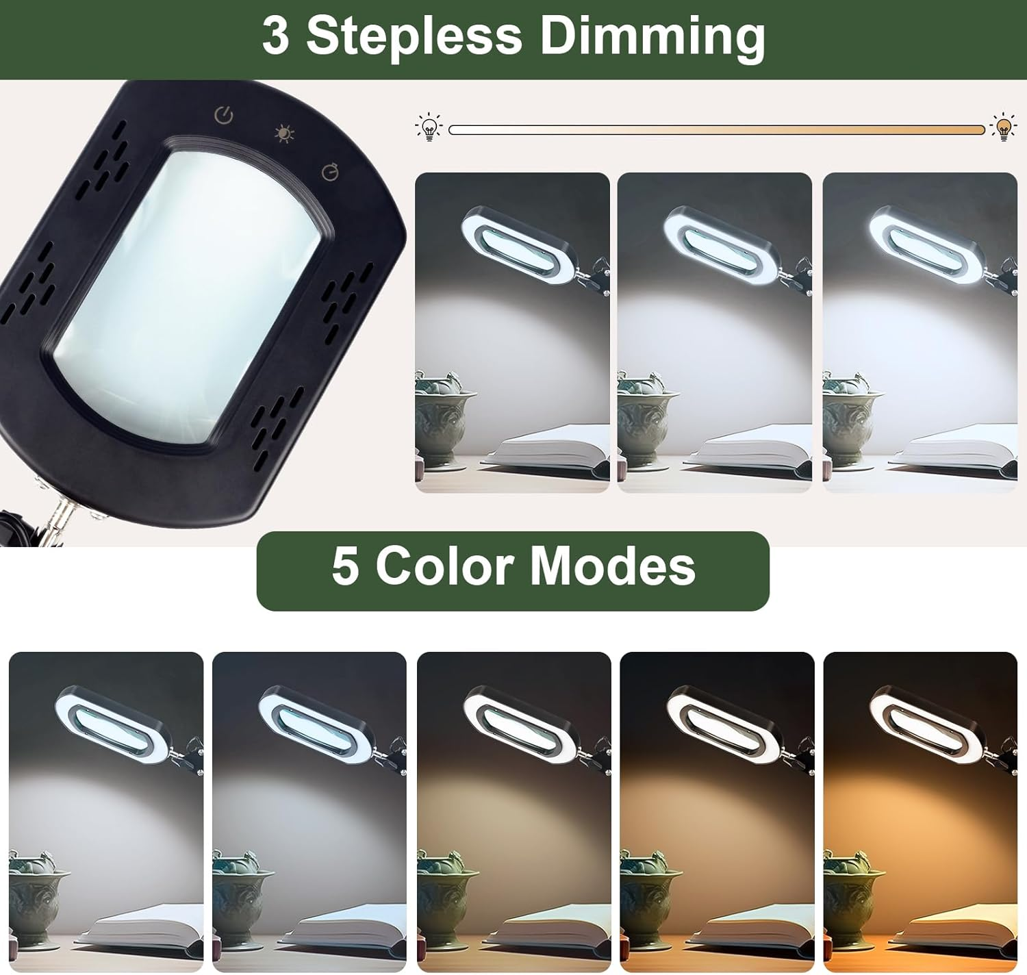 Zhiwei 10 X Rectangle Magnifying Glass with Light and Stand, 2-In-1 Desk Lamp and Clamp, 5 Colour Modes, Continuously Dimmable, Table Magnifier for Crafts, Reading, Repair. image number 1