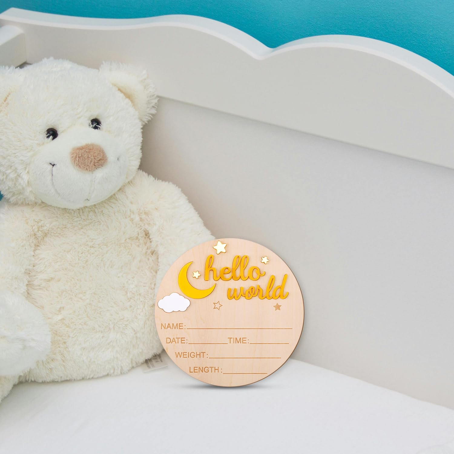 Wooden Hello World Newborn Sign, Cute Birth Announcement Board Baby Announcement Sign Newborn Welcome Sign Baby Name Plaque for Nursery Hospital Girl Boy Baby Shower Photo Props(Yellow) image number 6