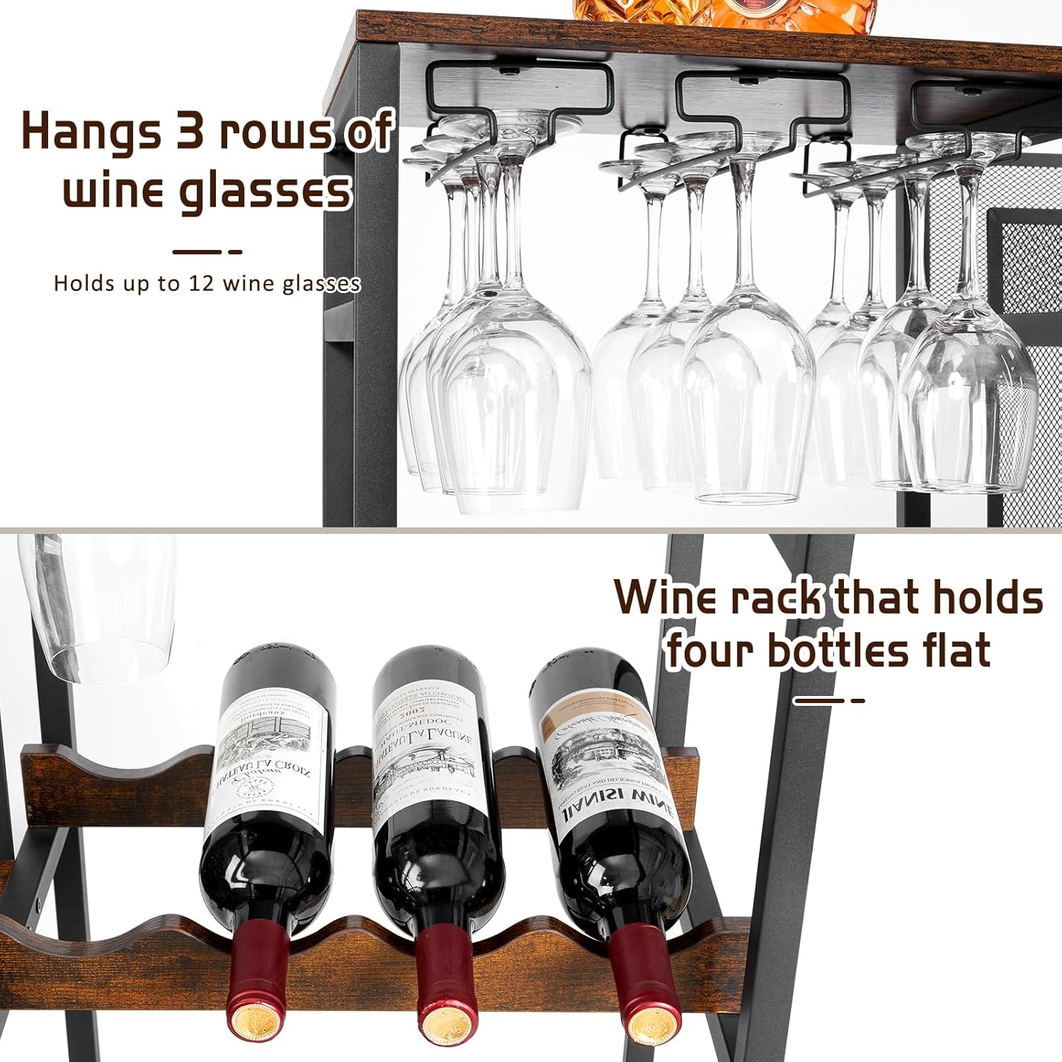 Versatile Liquor Stand for Home Bar, Wine Rack Freestanding Floor, Mini Bar Table for Liquor Whiskey Wine, 3-Tier Trapezoidal Liquor Bottle Display Shelf with Glass Holder and Fences(Patent Pending) image number 6