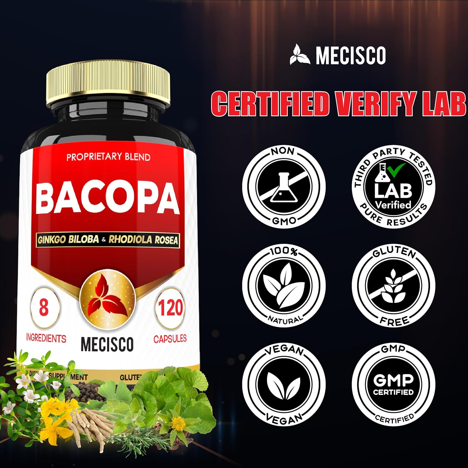 34100Mg Bacopa Supplement Added Ginkgo Biloba, Rhodiola Rosea, Gotu Kola, St Johns Wort, Ashwagandha Root, Rosemary Leaf, Black Pepper - Relax Mood, Memory & Brain Health - 120 Capsules for 2 Months image number 6