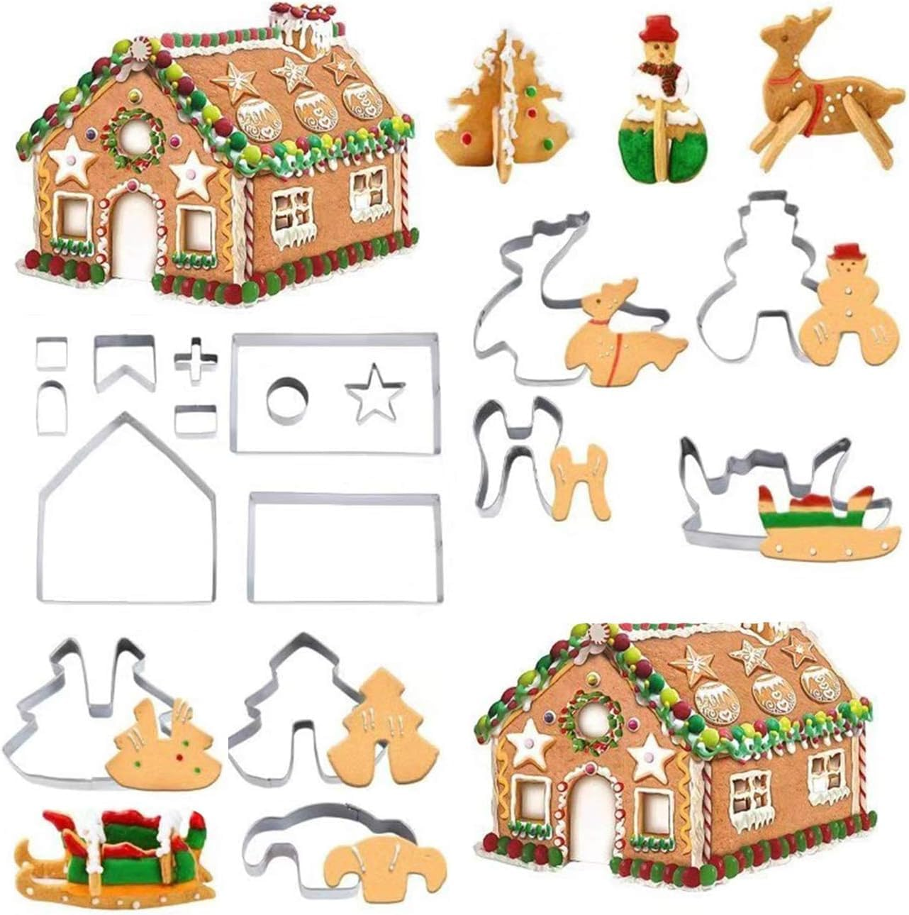 3D Christmas Cookie Cutters, 3D Gingerbread House Shape, Includes Christmas Tree, Snowman, Reindeer and Sleigh Shapes, for Biscuits, Baking, Kitchen Accessories, Pack of 18 image number 5