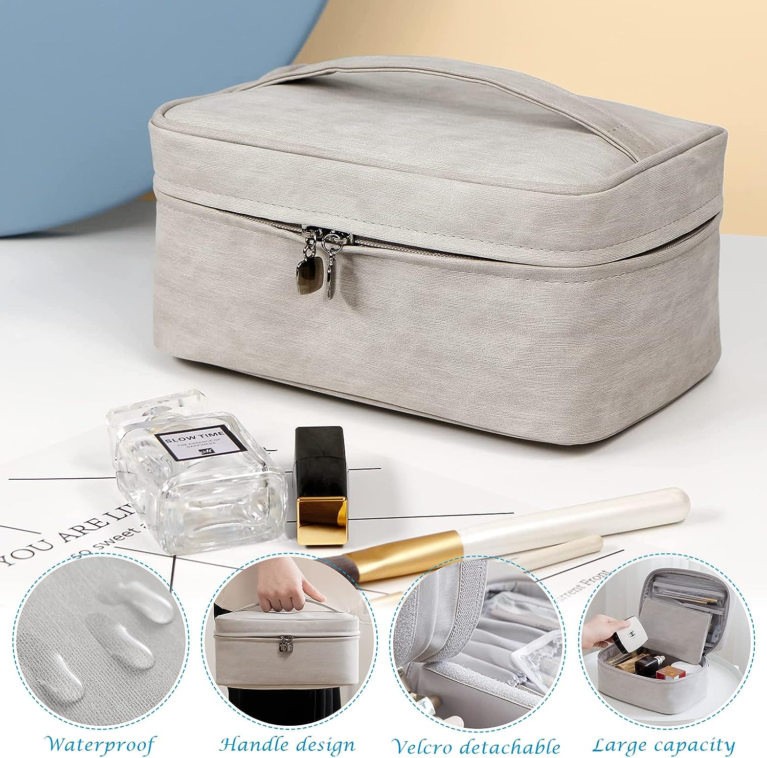 Makeup Bag Cosmetic Bag, 1+1 Travel Makeup Organizer with Makeup Brushes Compartment, 9 X 6Inch Multifunctional Toiletry Bag Portable Waterproof Make up Pouch for Women Girls (Grey) image number 5