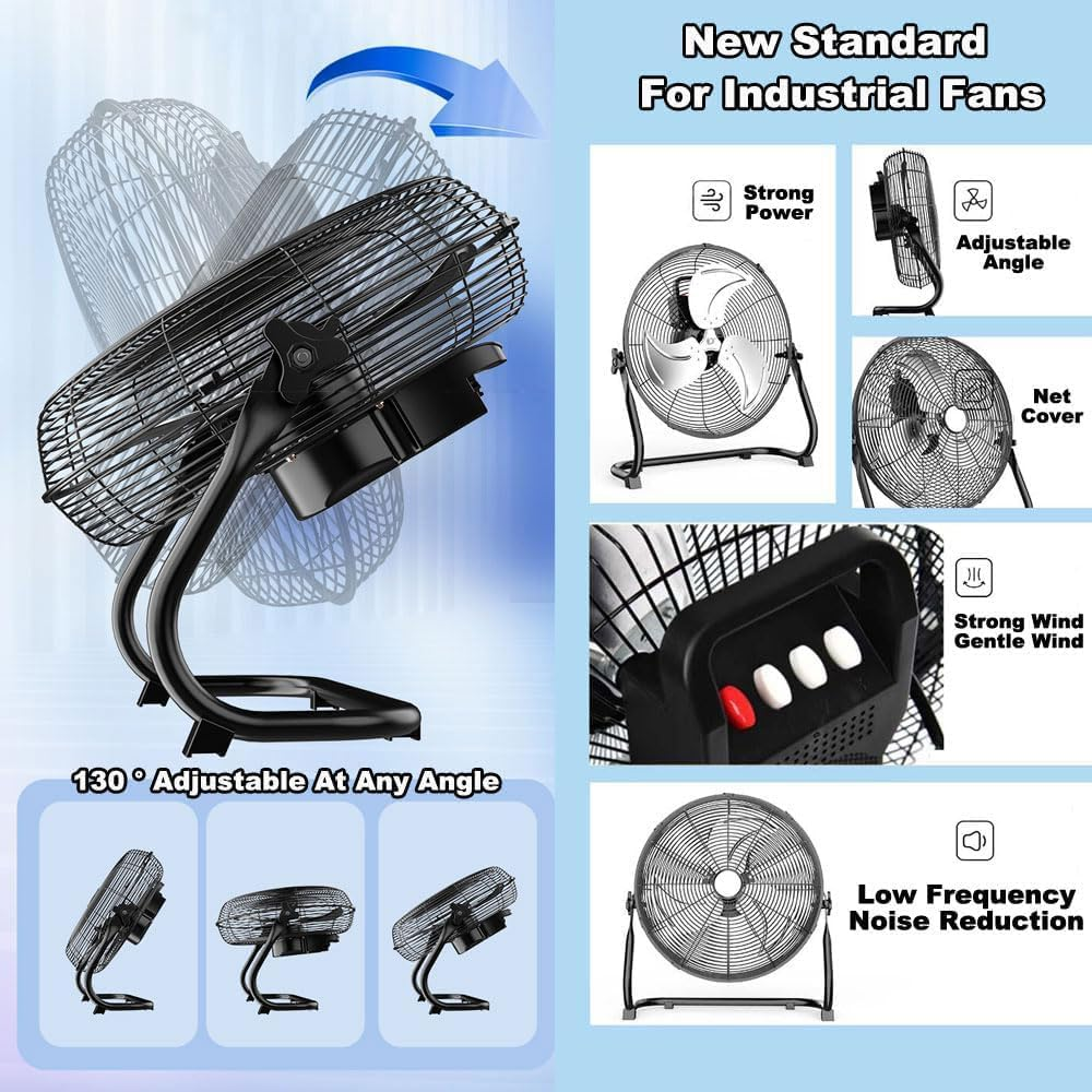 Floor Fan Industrial Fan 16-Inch High-Velocity Pure Copper Motor with 4 Speeds 130 Degree Adjustable Tilt Ideal for Home or Restaurant or Garage or Workshop