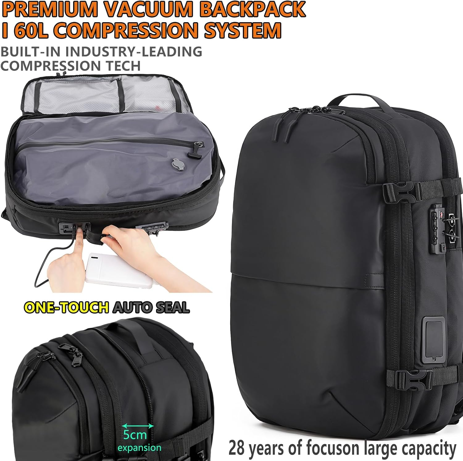 [LIGHTGO] Vacuum Compression Backpack with Built-In Pump | Water-Resistant | Smart Storage Organiser | Carry-On Travel Backpack for Men & Women image number 4