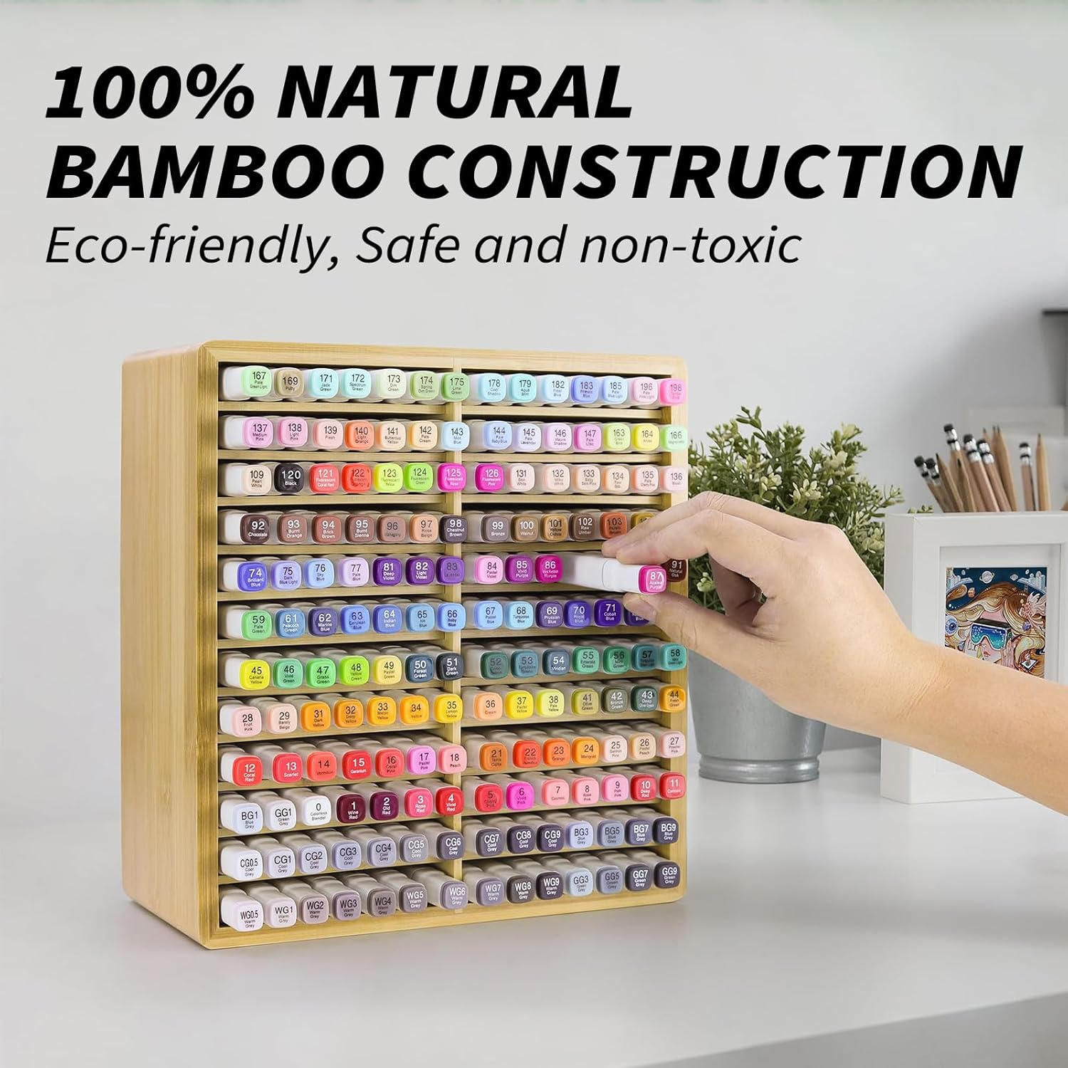 168 Markers Bamboo Marker Organizer, Desk Pencil Holder Markers - Art Marker Storage Rack with 24 Compartments, Vertical Marker Holder Shelf for Acrylic Paint Pens image number 5