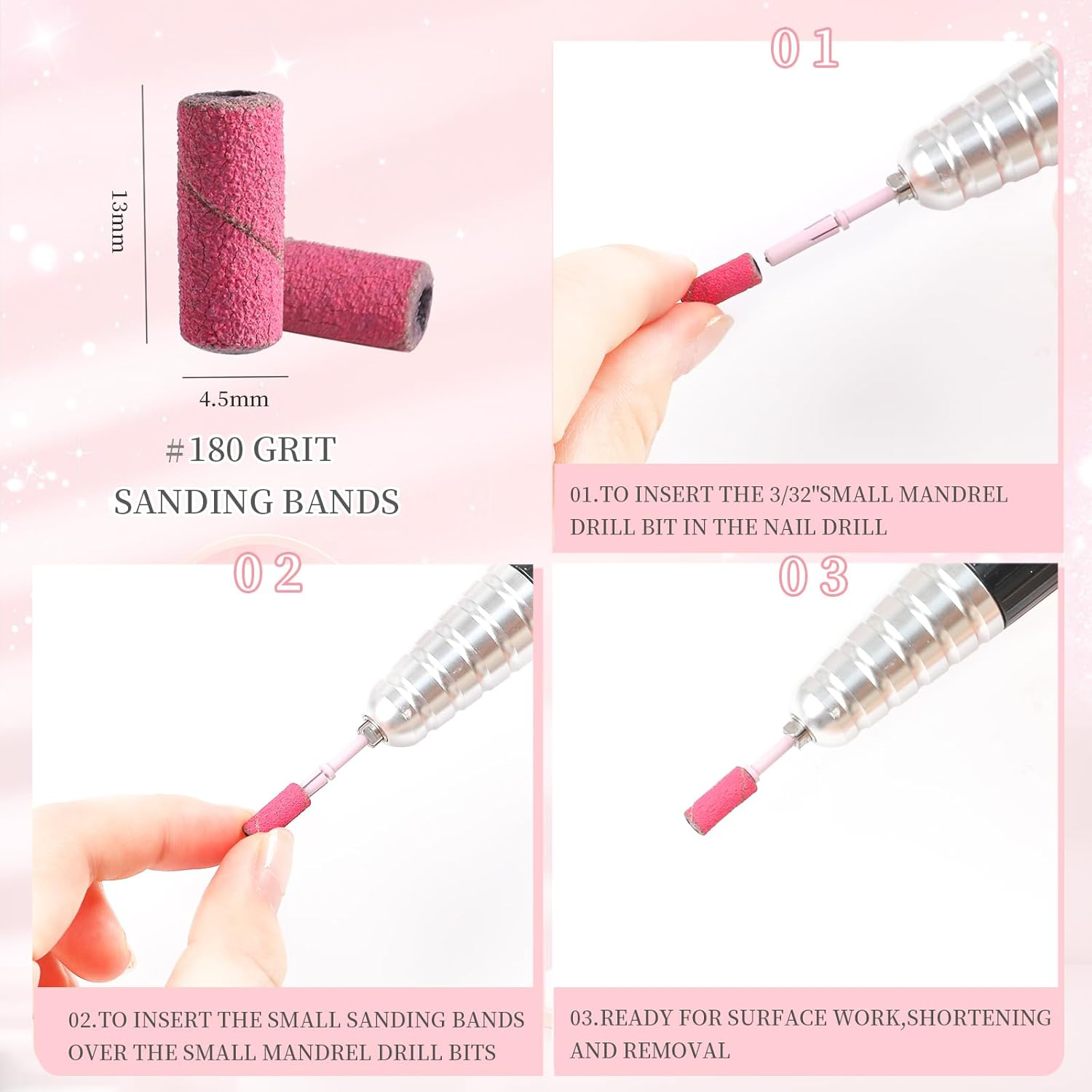 Heemeei Small Sanding Bands for Nail Drill, 100Pcs Mini Sanding Bands 180 Medium Grits with Upgrade Design 3.1Mm Mandrel Bits for Acrylic Nails Gel Manicures and Pedicure (Pink) image number 3
