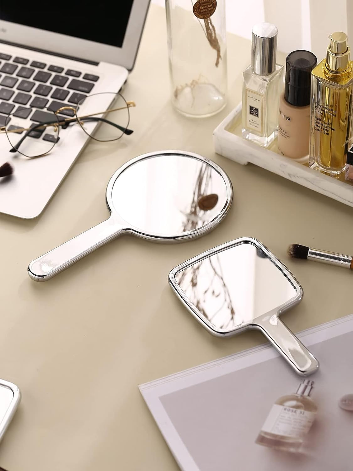 Water Ripples Handheld Mirror - Quttly Square Silver Makeup Mirror with Handle, Small 4X7 Inches for Precise Application image number 3