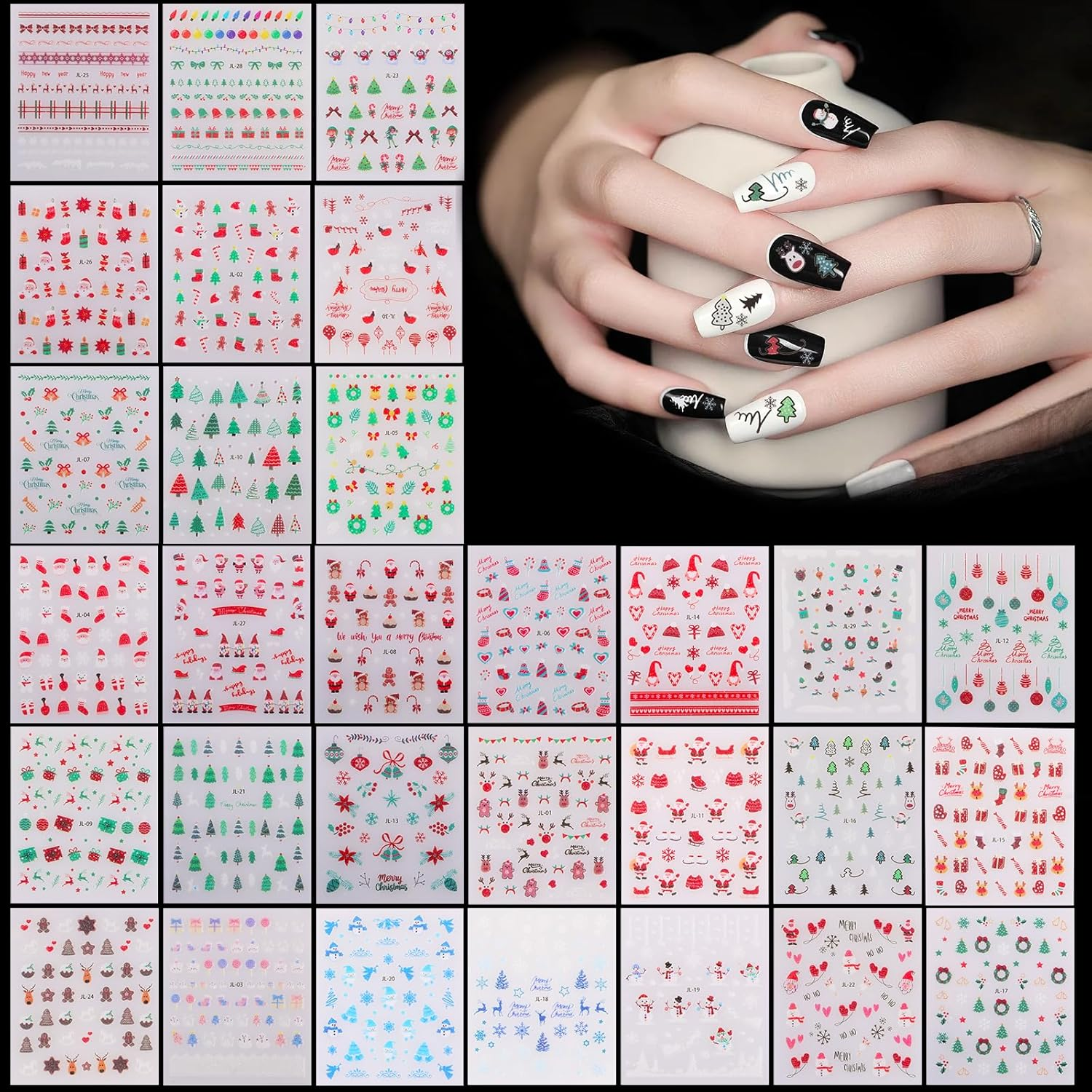 Bighan 30 Sheets Christmas Nail Art Stickers Self-Adhesive Designs with Christmas Trees Snowflakes Snowmen Reindeer Santa Hats Nail Stickers Decals image number 4