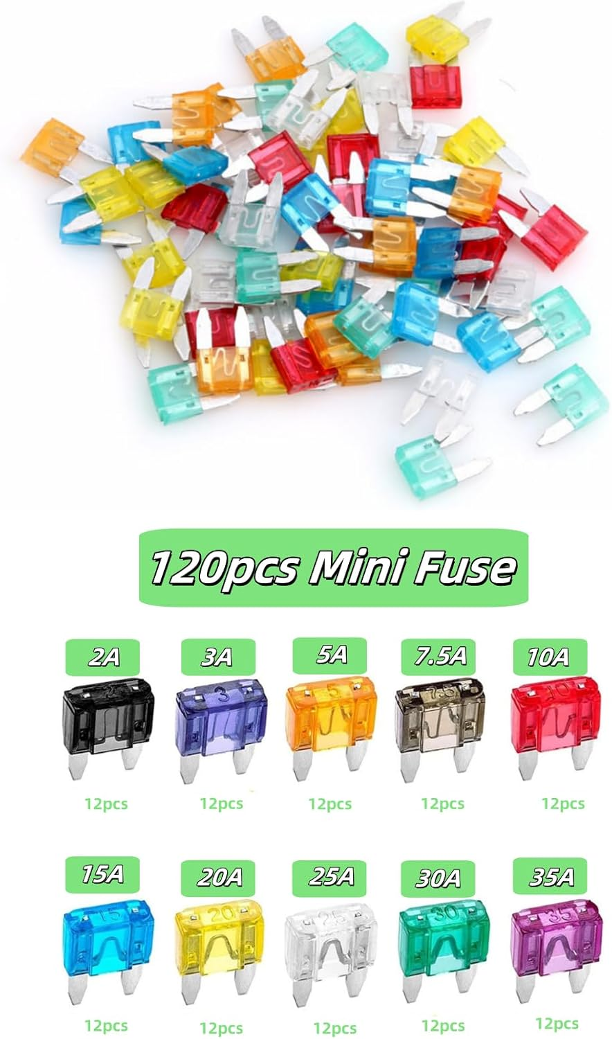 Luojinluoda 120Pcs Blade Fuses Assortment 5 7.5 10 15 20 25 30 AMP Standard Mini ATM/APM Automotive Fuses for Car Truck Boat Vehicle Electrical System Protection image number 4