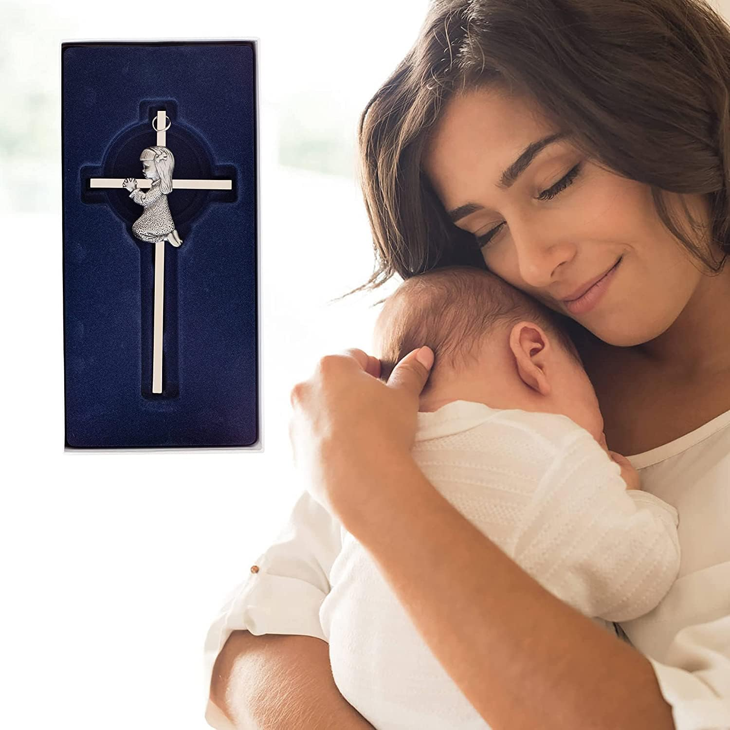 Silver Girl Wall Cross, Blessing Baby Metal Cross, Praying Girl Plaque Wall Decor Cross, Great for Baptism, Perfect for First Holy Communion, Baby Shower, Birthday and Christening image number 1