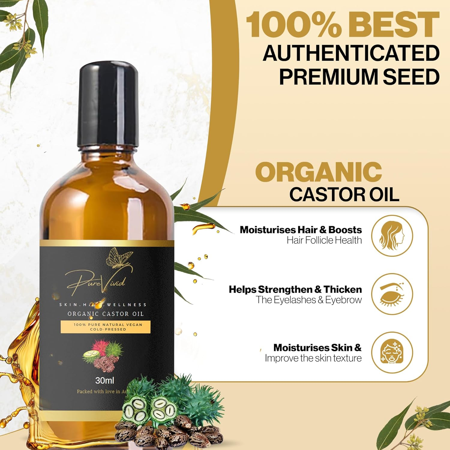 30Ml Organic Castor Oil | Glass Roll-On Applicator| Pure | Hexane Free| Cold-Pressed Oil for Hair | Eyelashes Serum | May Help Hair Growth,Natural Growth & Hydration |Natural Carrier Oil for Massage, DIY Beauty & Wellness Use|Australia