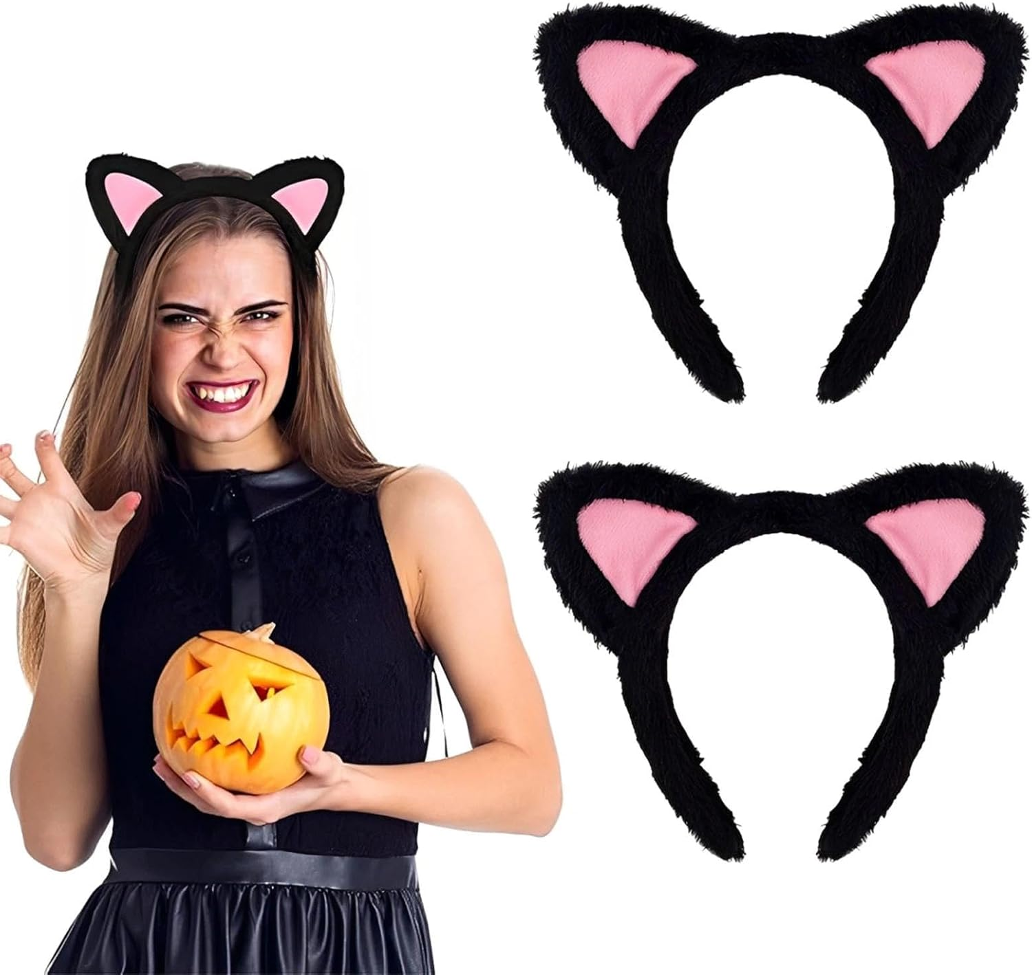 Dinghaole 2 Pcs Cat Ears Headbands, Cute Cat Ears Headband Animal Ears Hair Accessories, Ears Headbands with Pink Inner Ear Cute Hair Accessories for Halloween Cosplay Makeup Spa Yoga Photo Props image number 1