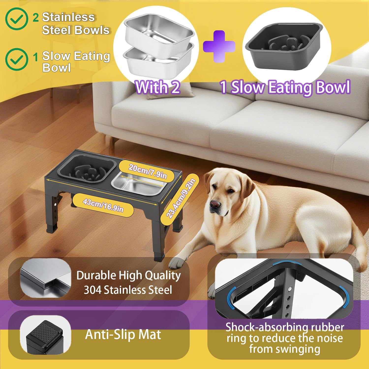 NOAEOU Adjustable Height Elevated Dog Feeding Station, 3-In-1 Set with 2 Stainless Steel Bowls & Slow Feeder Bowl - Ideal for Medium to Large Dogs | Promotes Healthy Posture & Joint Relief