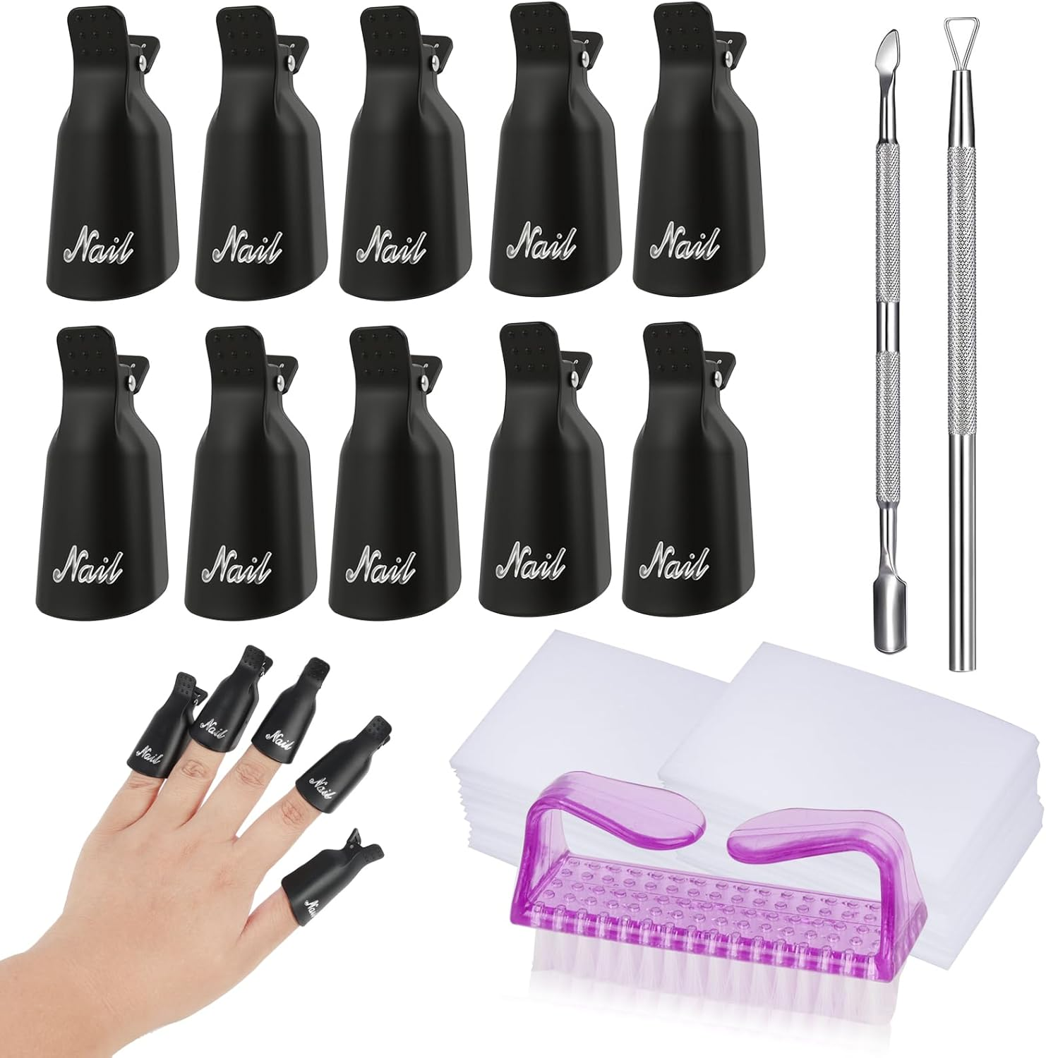 Nail Polish Remover Clips Set, 10 Pieces Nail Art Soak off Nail Clips with 2 Pieces Cuticle Pusher Trimmer, 1 Nail Brush, 500 Pieces Cotton Pads for Gel Nails, Gel Polish Remover Wrap Tool for Gift