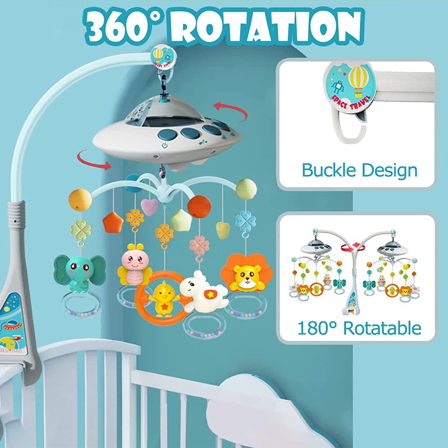 Baby Musical Crib Mobile,Crib Mobile Arm Holder with Night Lights and Relaxing Music Hanging Rotating Animals Rattles Toys Stars Projection Remote Control for Boy Girl Newborn image number 1