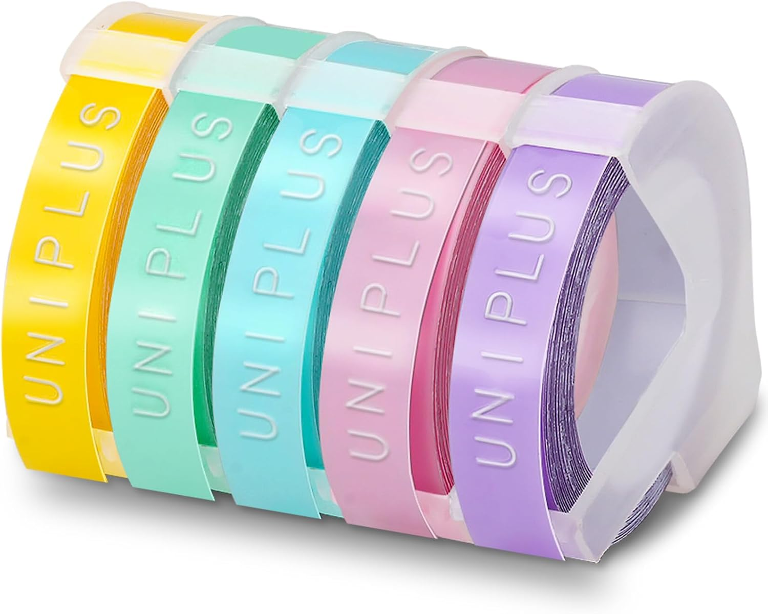 Uniplus 5 Rolls 3D Label Tape Replacement for Dymo Embossing Tape 9Mm X 3M for Dymo Omega Home Junior Organizer Xpress Pro Office-Mate II Motex E-101 E-303 Light Yellow/Light Blue/Light Green/Light