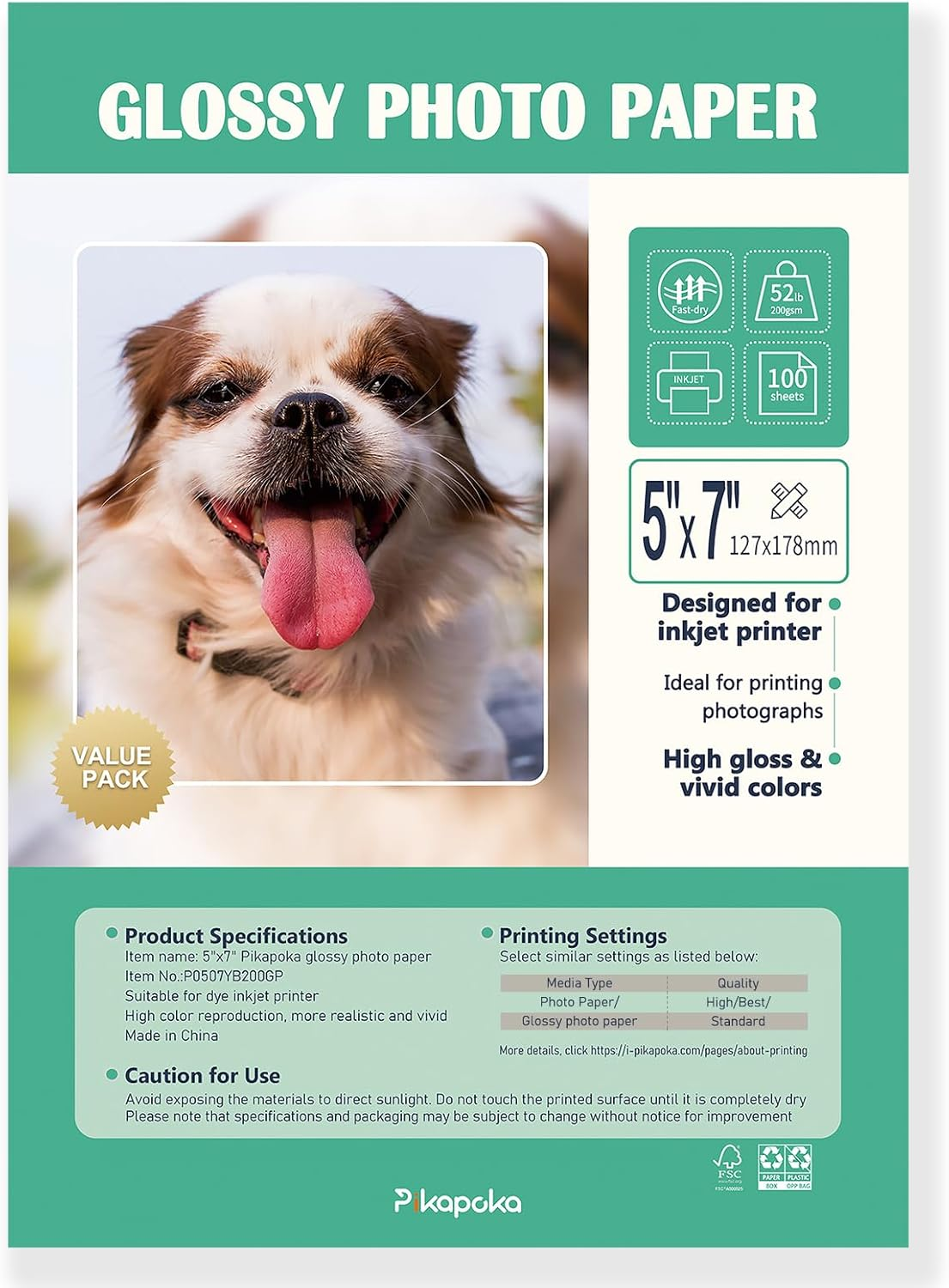 5X7 Photo Paper 100 Pack, 52Lb Glossy Photo Paper for Inkjet Printer, 200Gsm