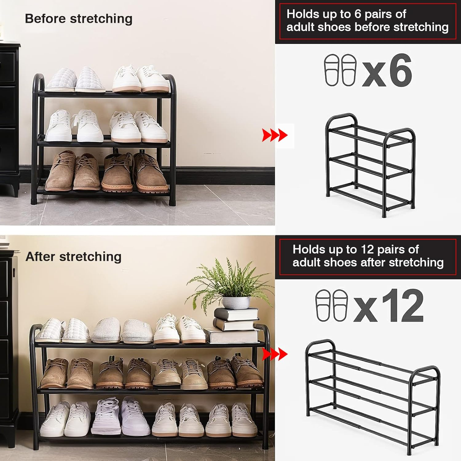 Expandable 3-Tier Shoe Rack, Adjustable Shoe Shelf Storage Organiser with Heavy Duty Metal Construction, Free Standing Shoe Rack for Hallway, Closet, and Entryway(Black) image number 2