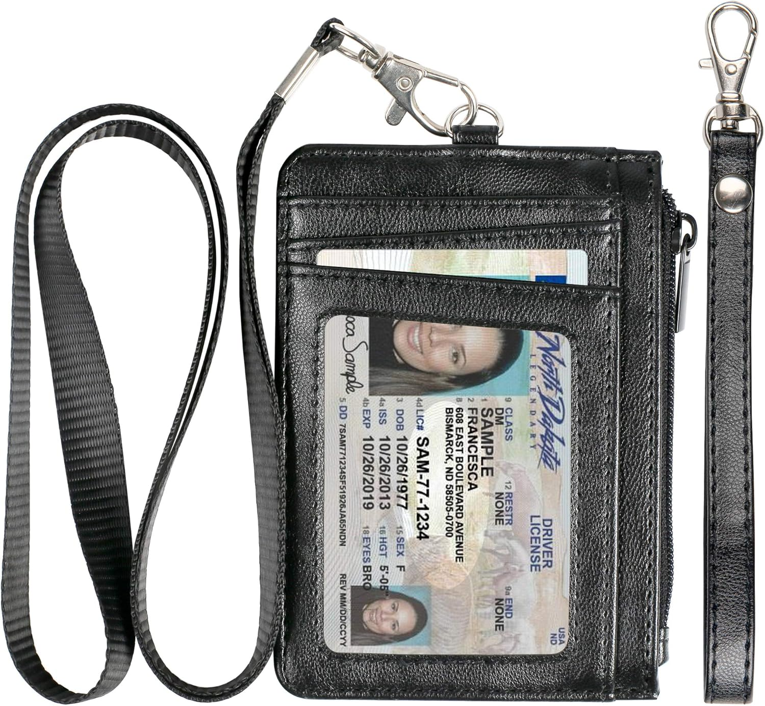 Teskyer Badge Holder with Side Zip Pocket, Multiple Card Slots Leather ID Holder Wallet with Neck Lanyard for Office Staffs, Teachers/Students, Couriers, Workers