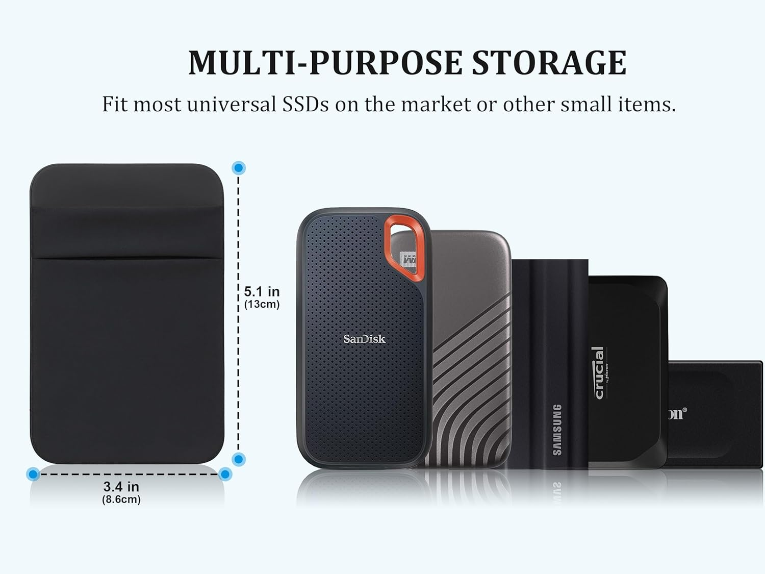 Lacdo Portable Hard Drive Sleeve for Laptop, 2-Pocket Stick on Pouch with Reusable Adhesive, for San Disk, Samsung, Crucial, Portable External Solid State Drive SSD Hard Drive Carrying Case, Black image number 6