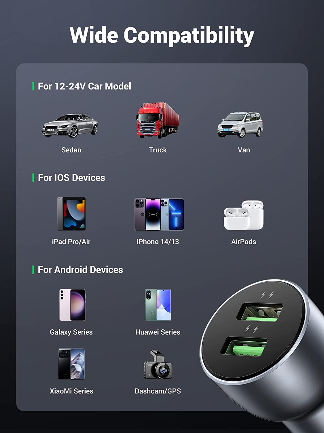 UGREEN 36W Dual USB Car Charger Fast Charging, QC3.0 18W Cigarette Lighter Adapter, Aluminum Alloy, Space Grey, Compatible with Iphone 17/16/15/14/13, Galaxy S25/S24, Pixel 10/9, Ipad image number 4