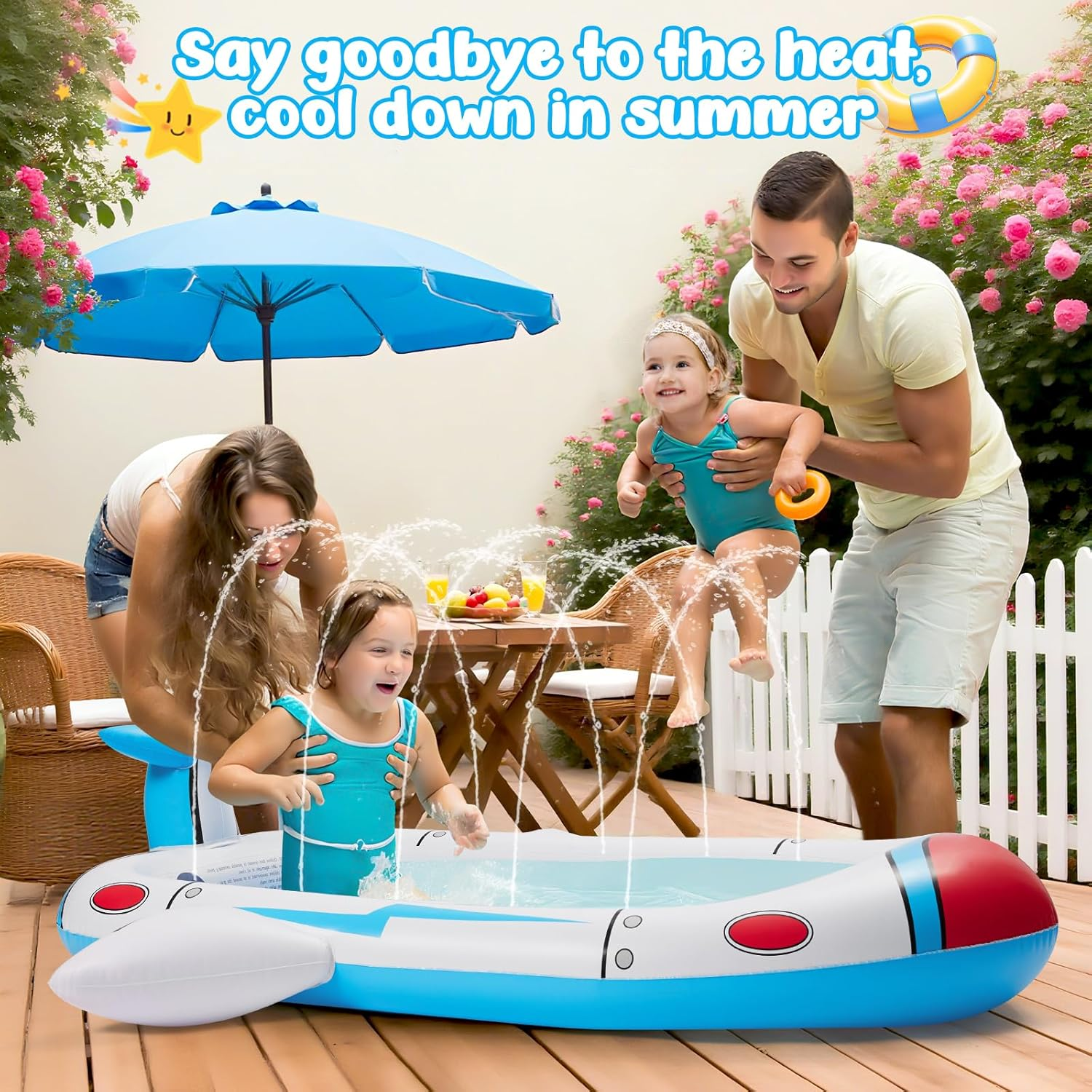 Inflatable Pool Splash Fun for Kids - 176Cm Multi-Spray Kiddie Pool, Outdoor/Indoor Beach Wading Pool for 2-3 Children (Ages 3-10), Garden & Living Room Play image number 5