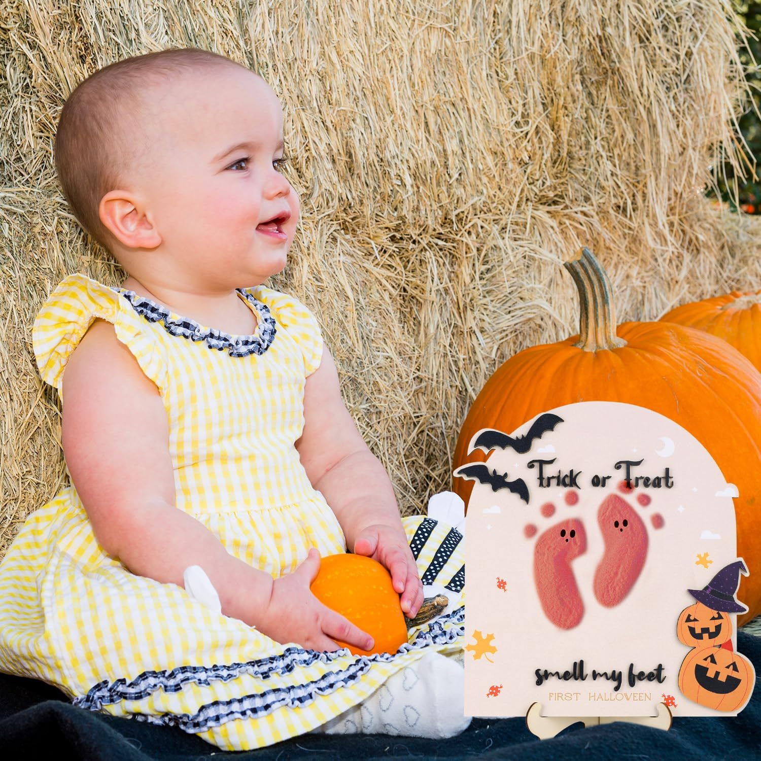 Baby'S First Halloween Footprint Wooden Milestone Card, Trick-Or-Treat Baby Footprint Sign Cute Pumpkin Decorative Halloween Keepsake DIY Craft Art Nursery Decorations image number 2