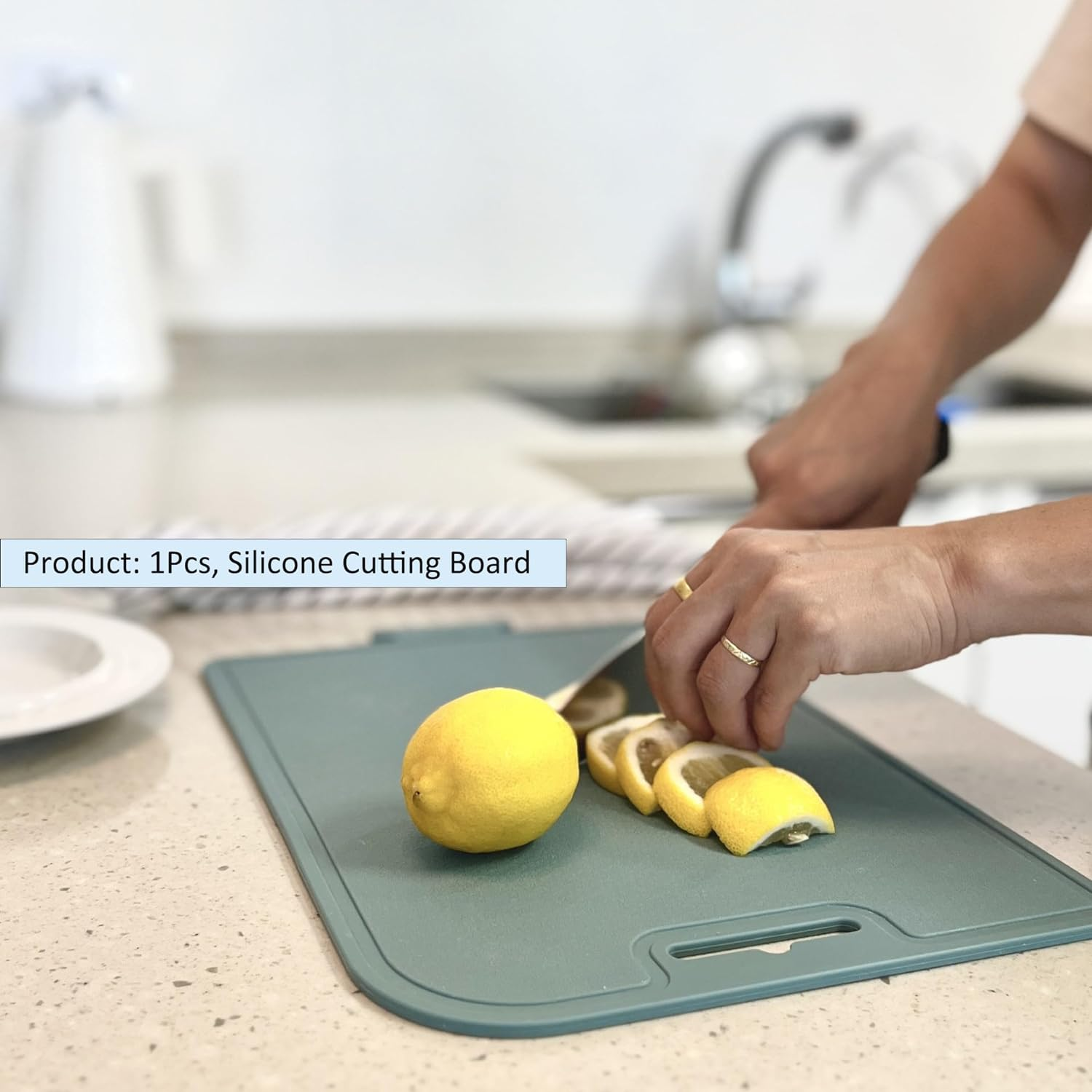 Korean Made Thick Silicone Double-Sided Usable Cutting Board 14.3" X 9.7" Foldable Design Drip Groove Grip Handle Dishwasher Safe 1PCS (Mint)